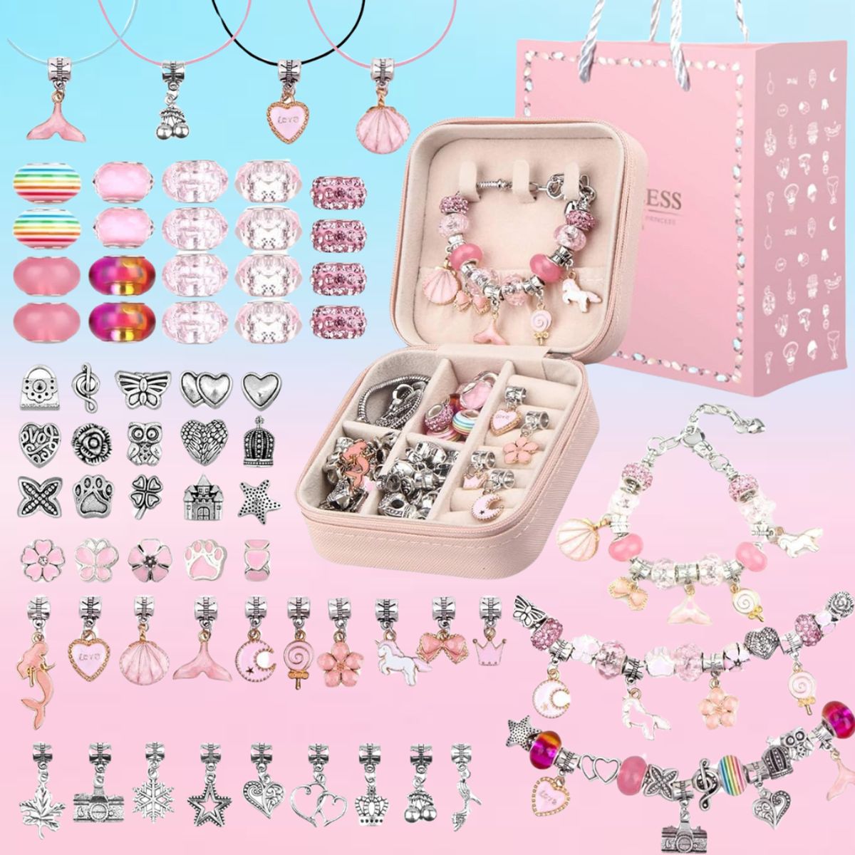 GENERICO - SET PARA ARMAR PULSERAS Y COLLARES DE 66 PIEZAS - ROSADO