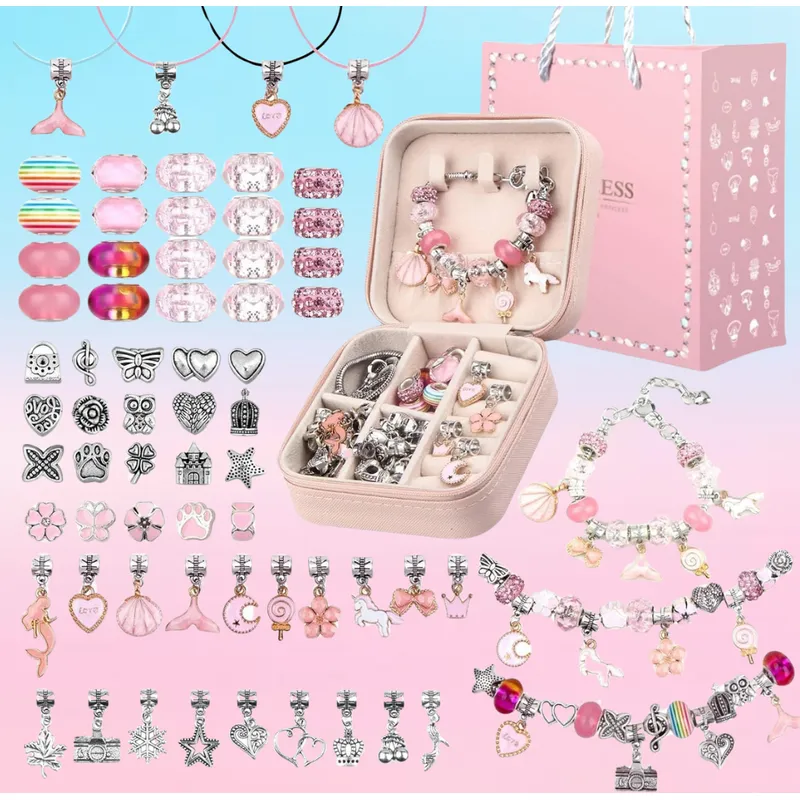 GENERICO - SET PARA ARMAR PULSERAS Y COLLARES DE 66 PIEZAS - ROSADO