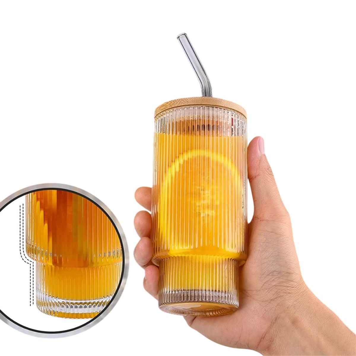 HYGGE - Vaso Acanalado de Vidrio con Sorbete y Tapa de Bambú  de 500 ml