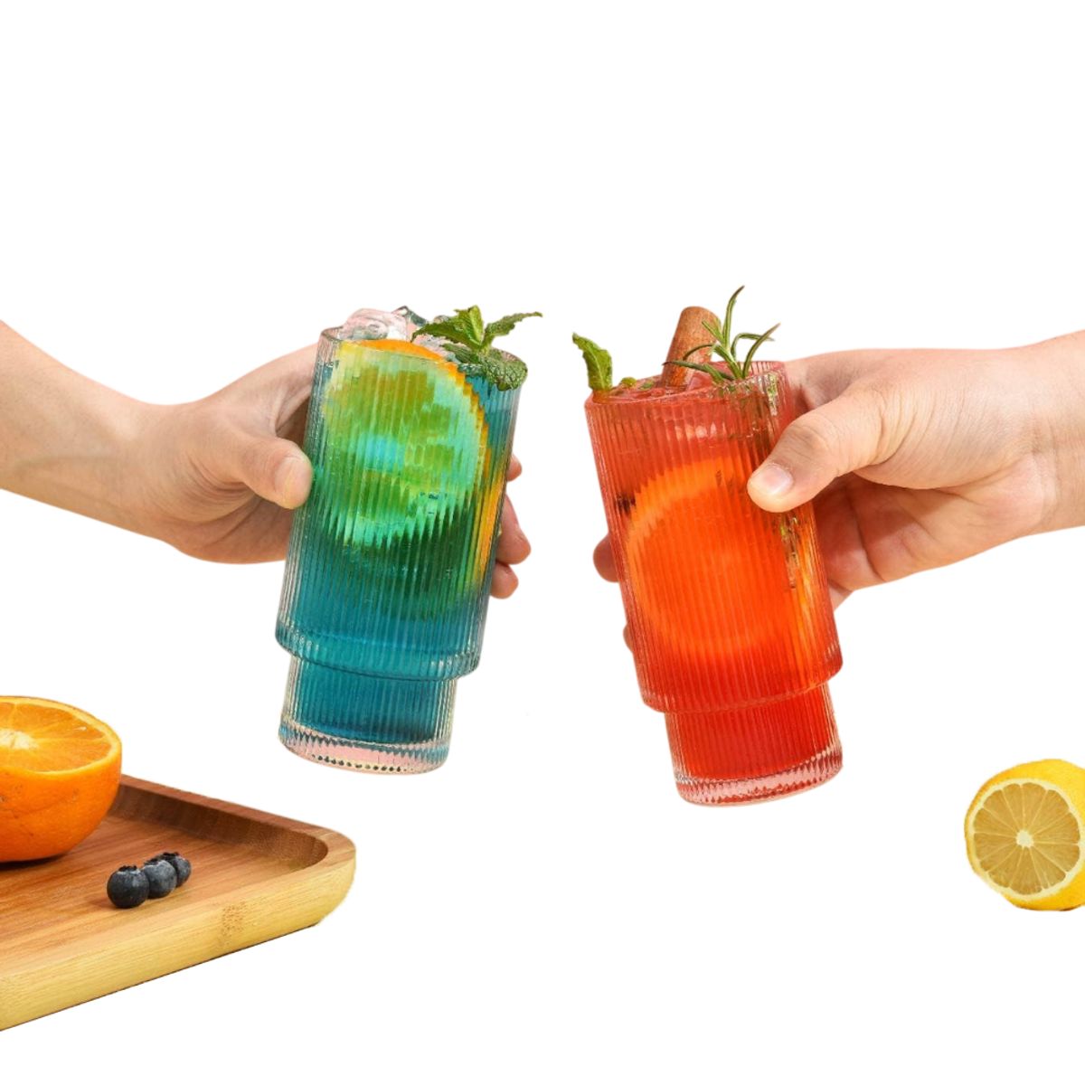 HYGGE - Set de 2 Vasos Acanalados de Vidrio y Tapa de Bambú  de 500 ml