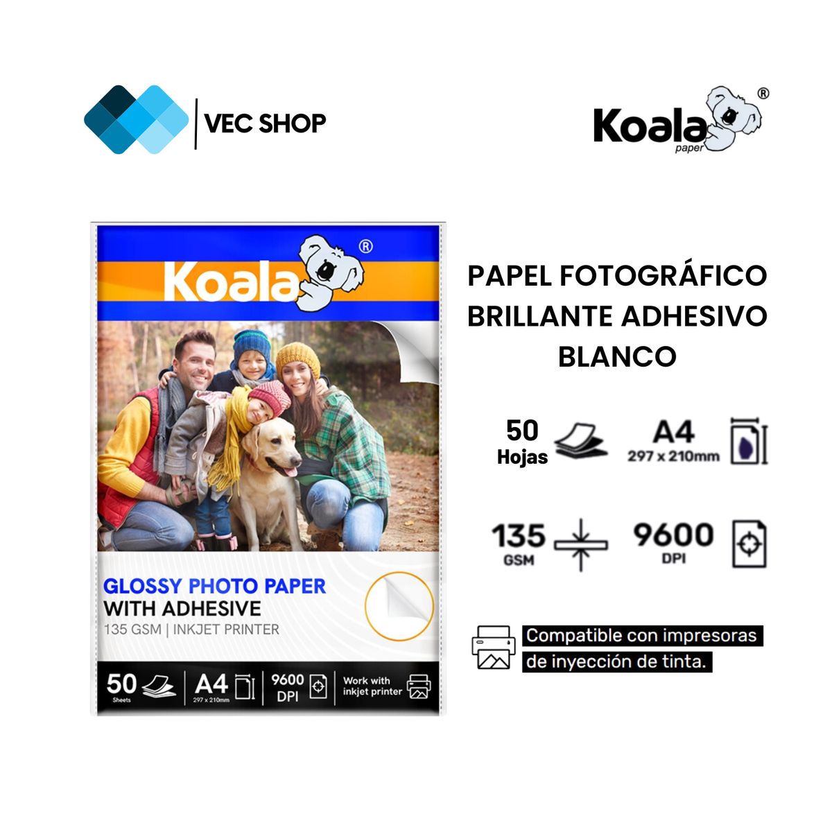 KOALA - Papel Fotográfico Brillante Adhesivo A4 135g 50 hojas