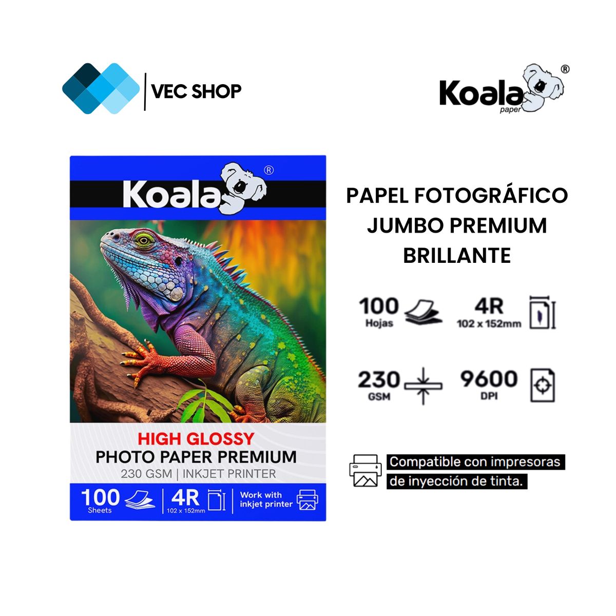 KOALA - Papel Fotográfico Jumbo Brillante 10x15cm 230g 100 hojas
