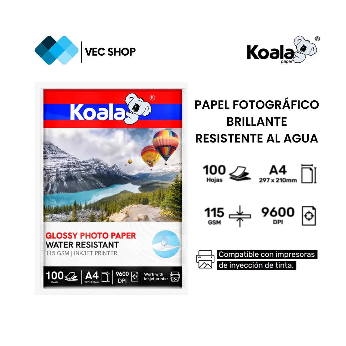 KOALA - Papel Fotográfico Brillante A4 115g 100 hojas