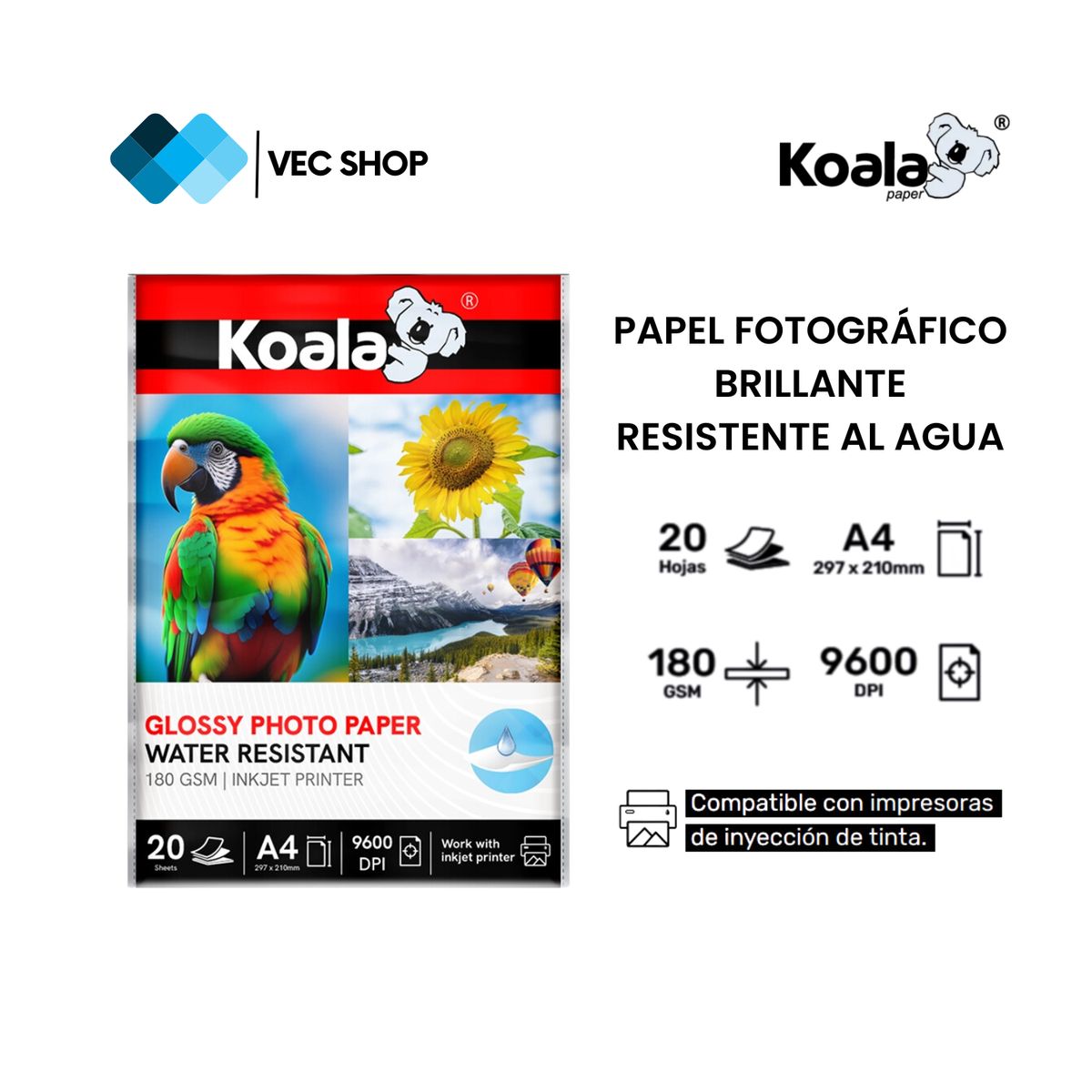 KOALA - Papel Fotográfico Brillante A4 180g 20 hojas