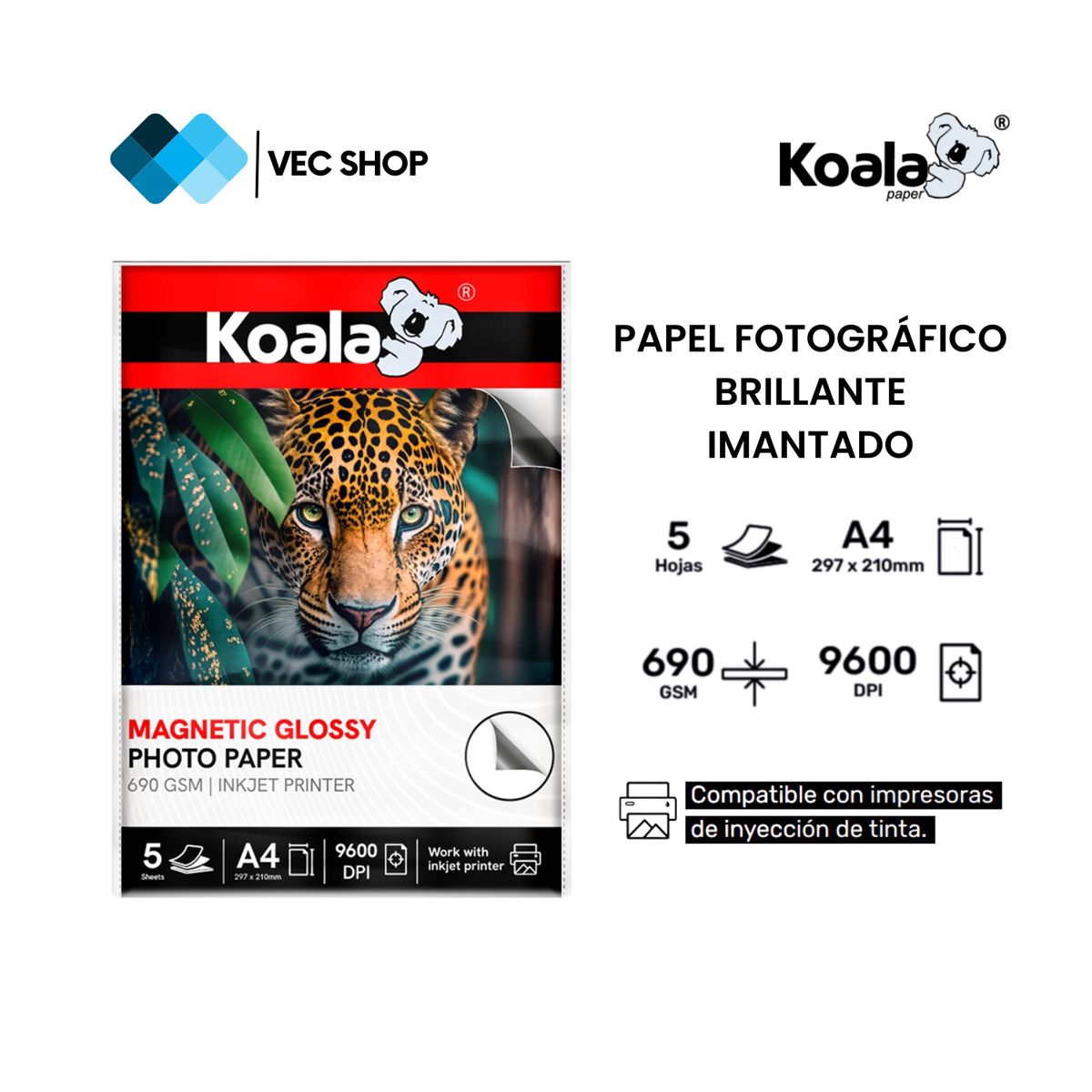KOALA - Papel Fotográfico Brillante Imantado A4 690g 5 hojas