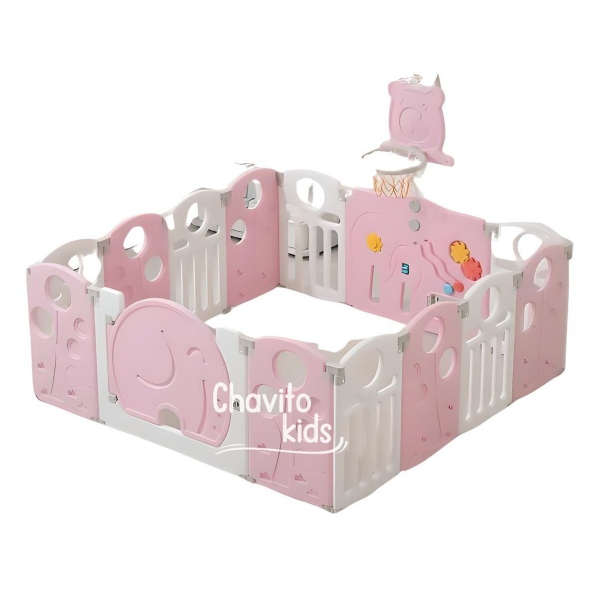 GENERICO - CORRAL 14 PANELES CERCO PLEGABLE ELEFANTE C/ ARO DE ENCESTAR ROSADO