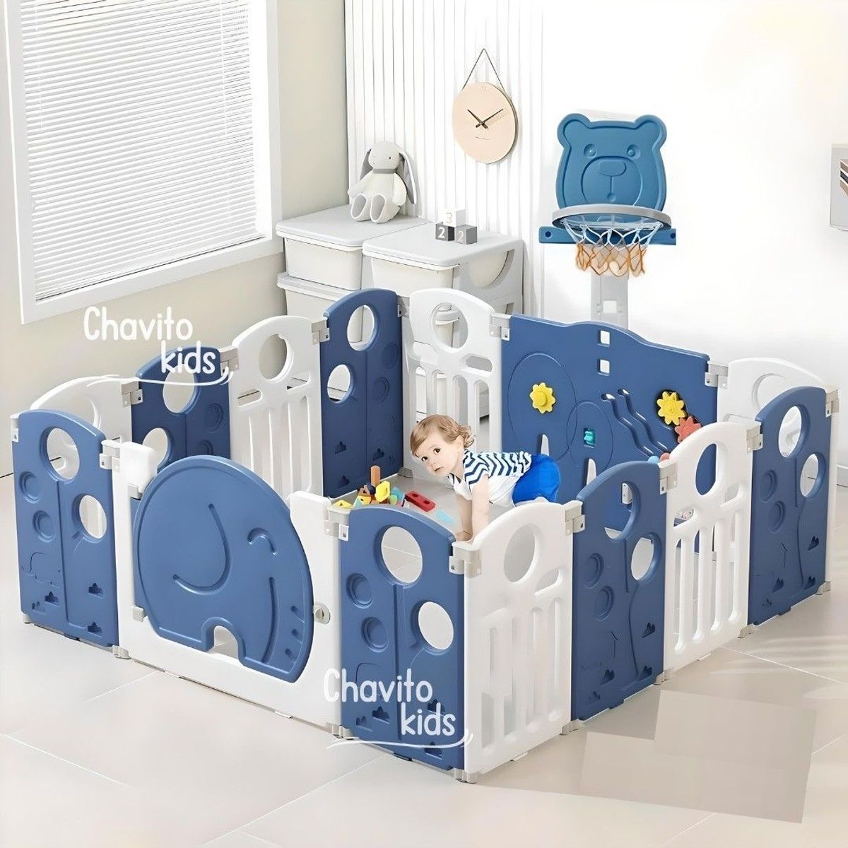 GENERICO - CORRAL 14 PANELES CERCO PLEGABLE ELEFANTE CON ARO DE ENCESTAR AZUL