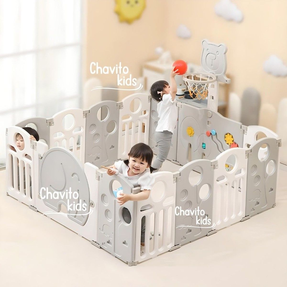 GENERICO - CORRAL 14 PANELES CERCO PLEGABLE ELEFANTE CON ARO DE ENCESTAR PLOMO