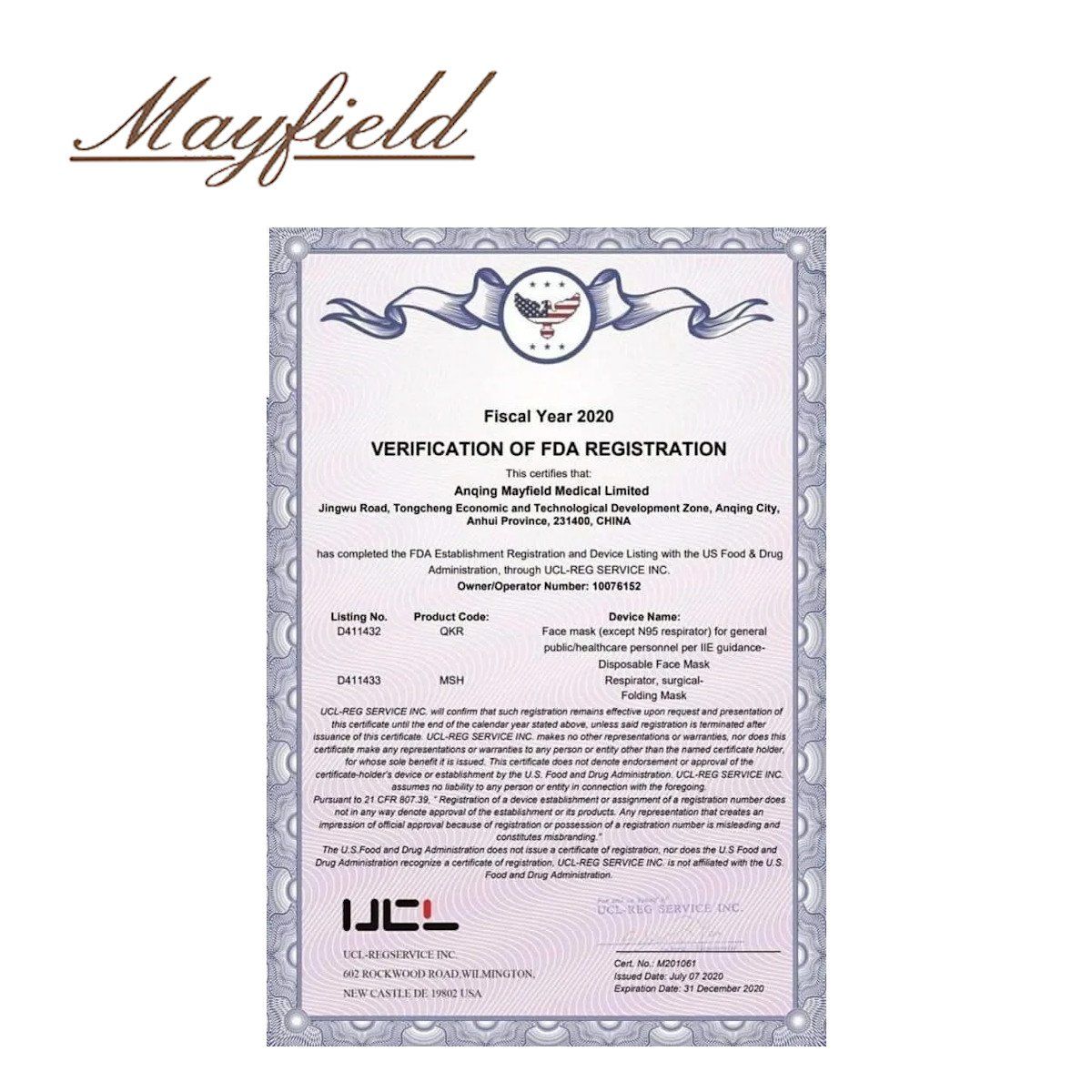 MAYFIELD - Mascarilla quirúrgica 3 capas celeste caja*50und MAYFIELD. Pack 2 cajas