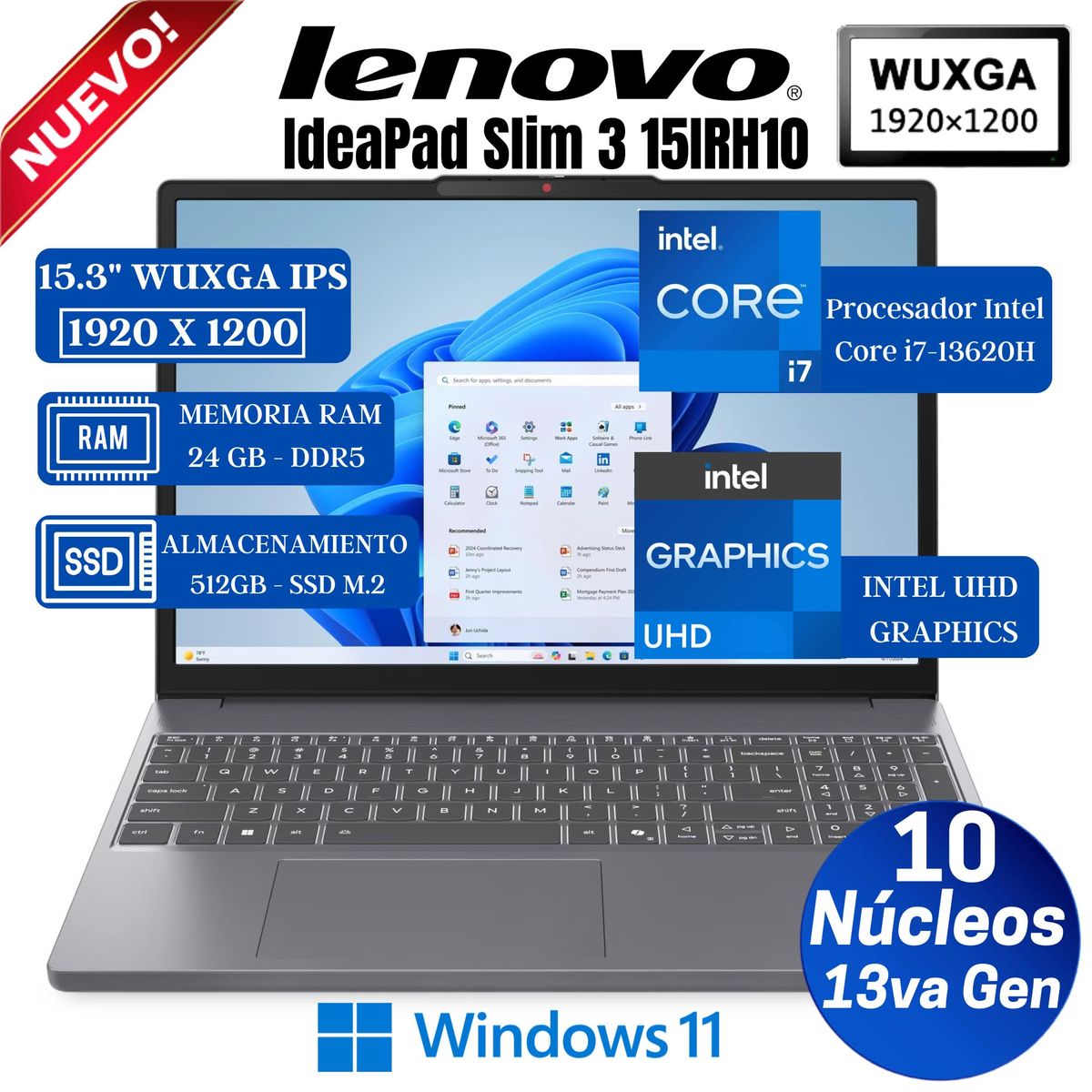 LENOVO - Laptop Lenovo Ideapad Slim 3 15IRH10 15.3” WUXGA IPS, Core i7-13620H, Ram 24GB, Ssd 512 GB, Win 11