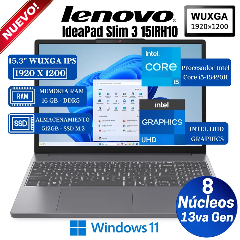 LENOVO - Laptop Lenovo Ideapad Slim 3 15IRH10 15.3” WUXGA IPS, Core i5-13420H, Ram 16GB, Ssd 512GB, Win 11