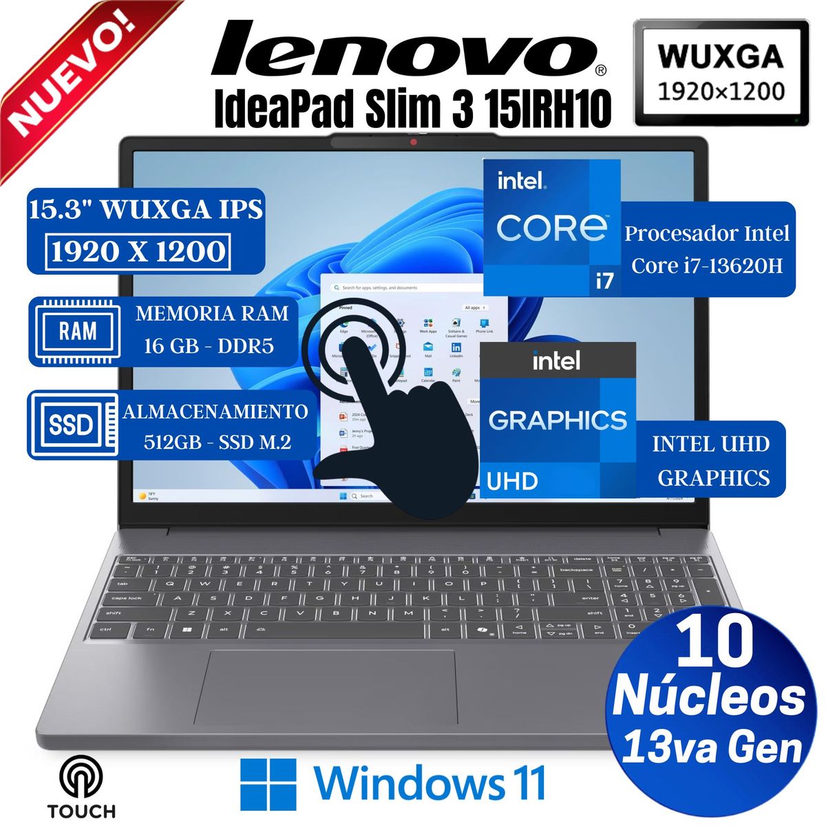 LENOVO - Laptop Lenovo IdeaPad Slim 3 15IRH10 15.3" WUXGA Touch, Core i7-13620H, Ram 16GB,SSD 512GB, Win 11