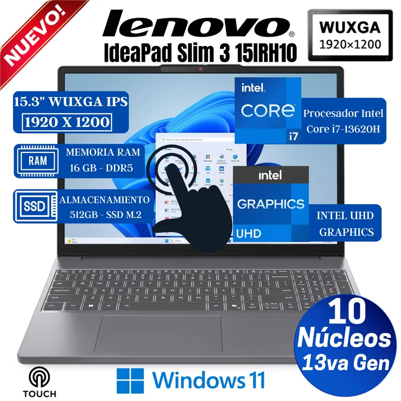 LENOVO - Laptop Lenovo IdeaPad Slim 3 15IRH10 15.3" WUXGA Touch, Core i7-13620H, Ram 16GB,SSD 512GB, Win 11