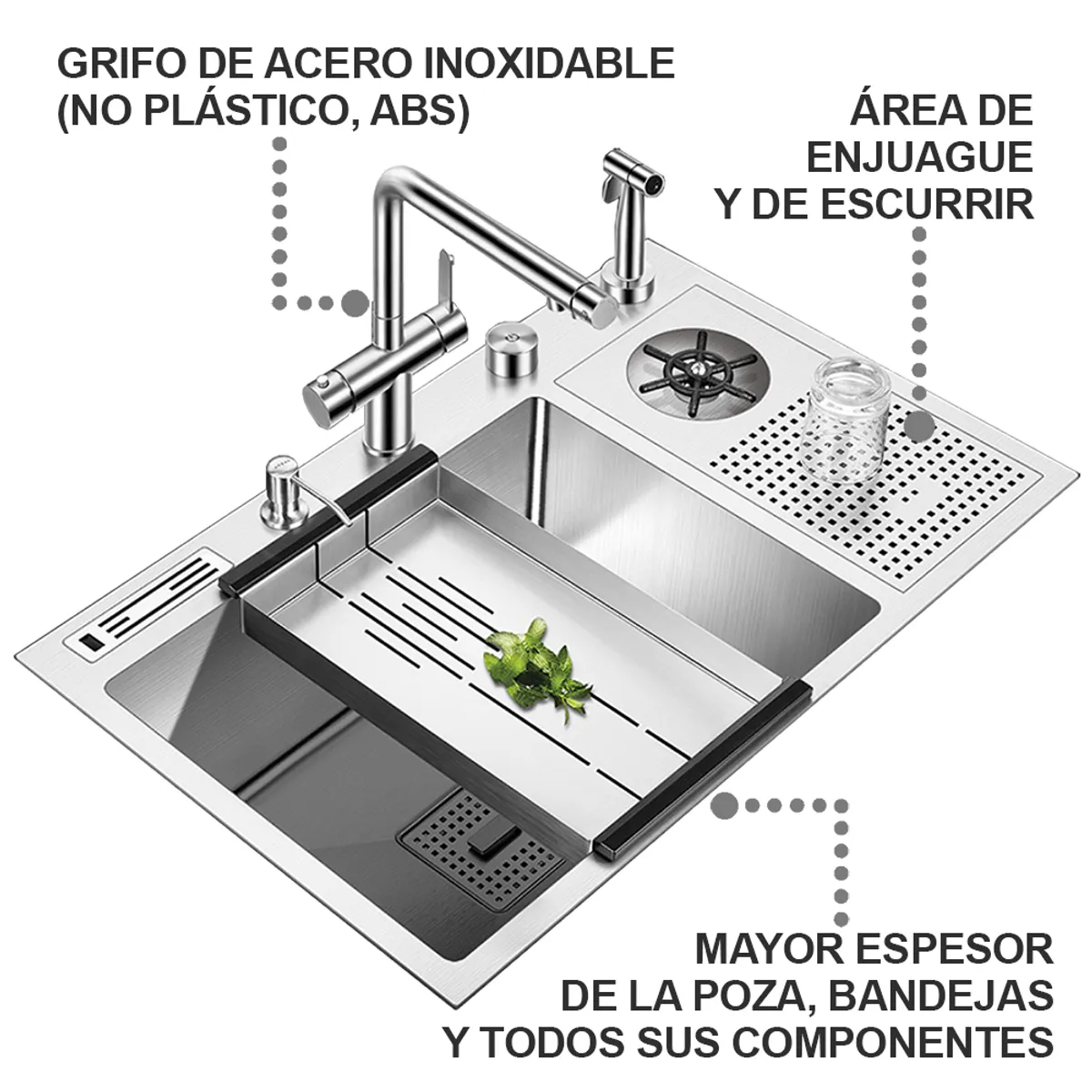 HIGRILL - Lavadero Multifuncional De Lujo y Griferia Dual de Acero Inoxidable 304 con Area Enjuague para Vasos