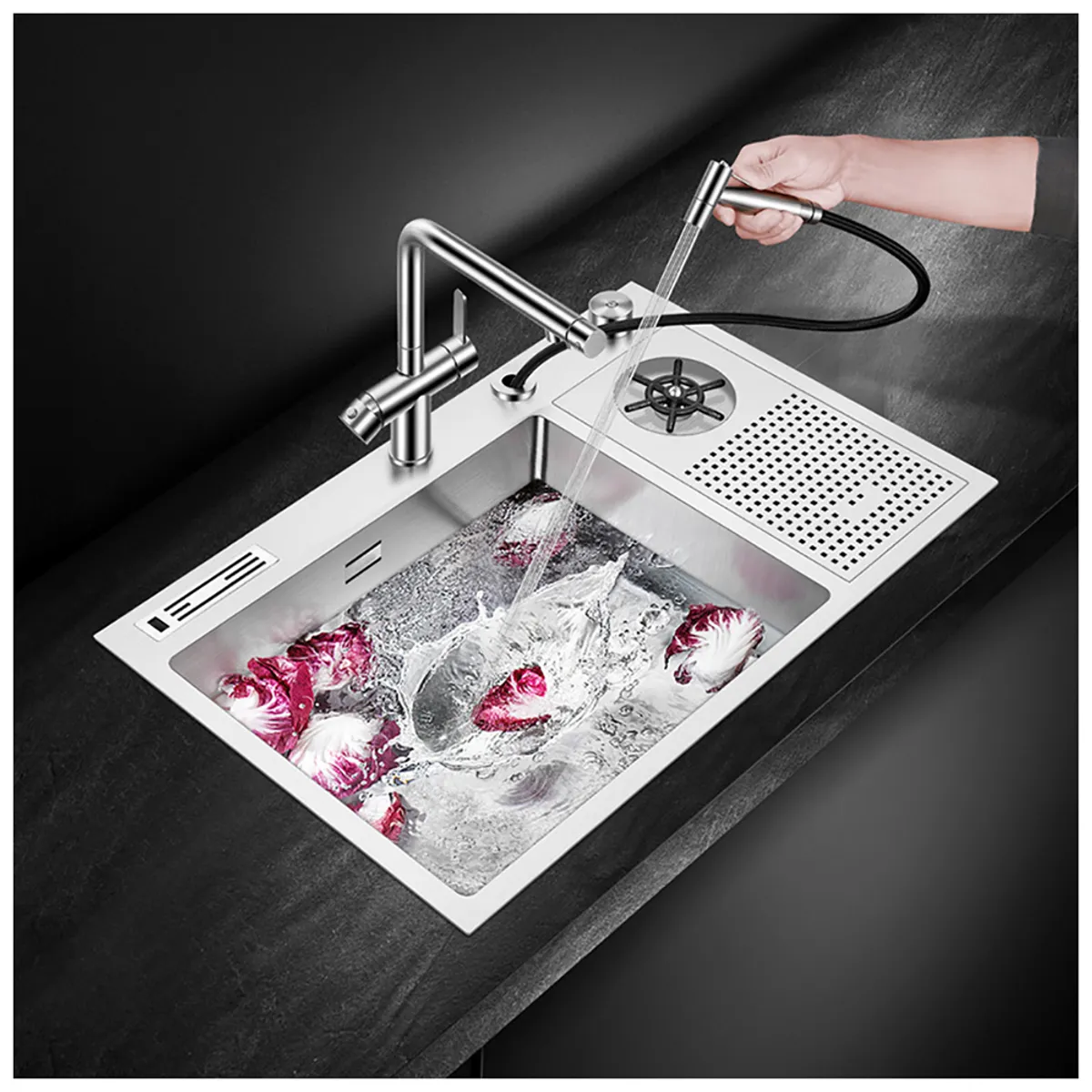 HIGRILL - Lavadero Multifuncional De Lujo y Griferia Dual de Acero Inoxidable 304 con Area Enjuague para Vasos