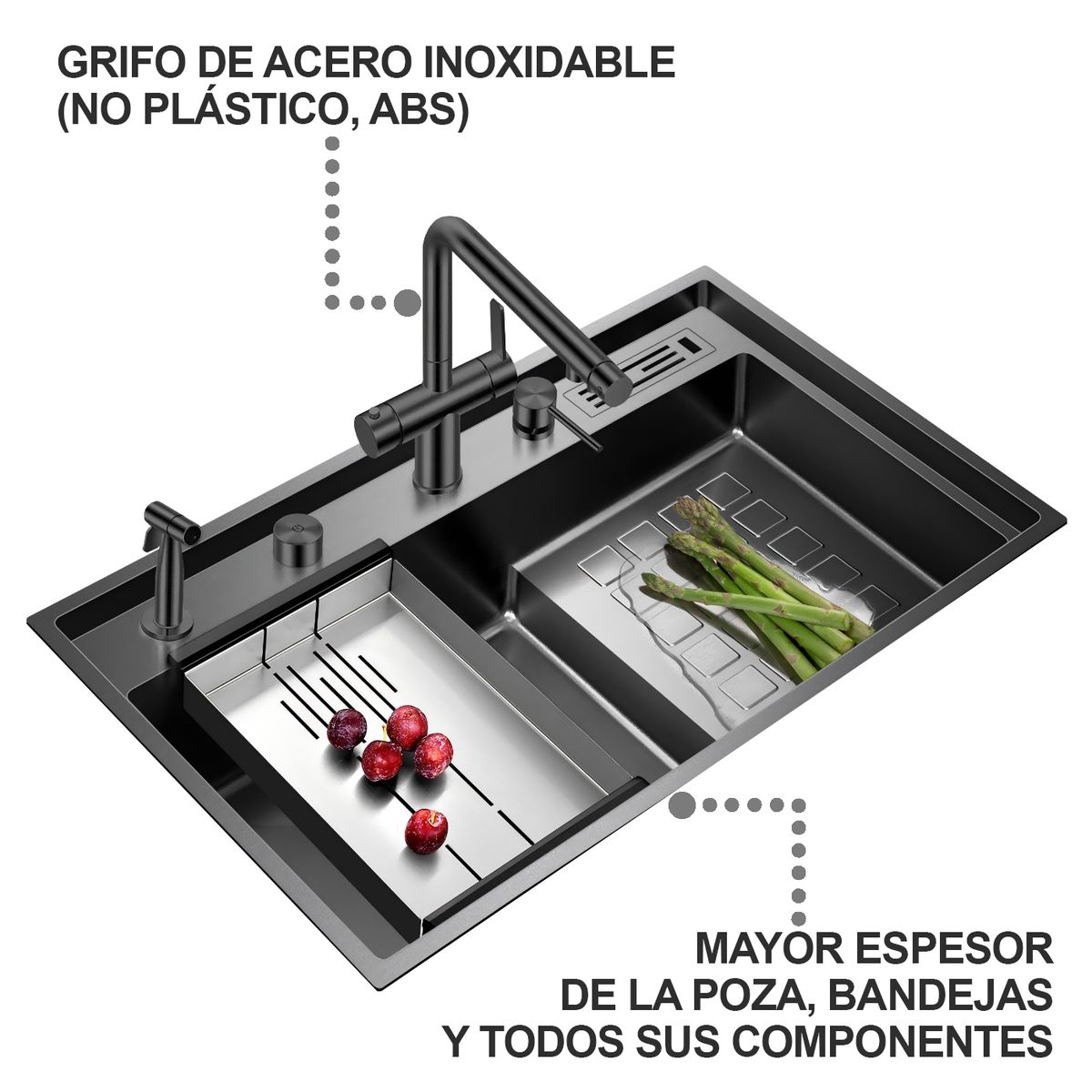 HIGRILL - Lavadero Multifuncional De Lujo y Griferia Dual de Acero Inoxidable 304 Negro con Diseño Escalonado