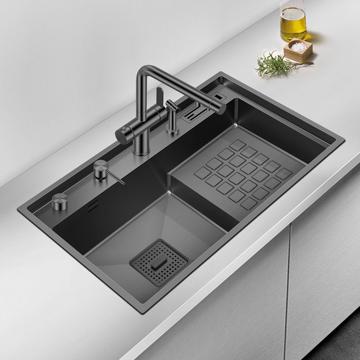 HIGRILL - Lavadero Multifuncional De Lujo y Griferia Dual de Acero Inoxidable 304 Negro con Diseño Escalonado