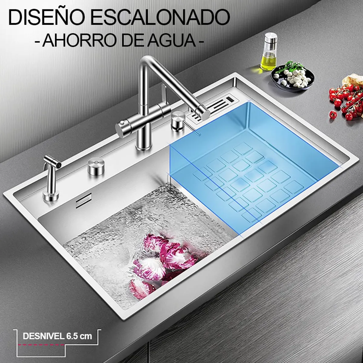 HIGRILL - Lavadero Multifuncional De Lujo y Griferia Dual de Acero Inoxidable 304 Negro con Diseño Escalonado