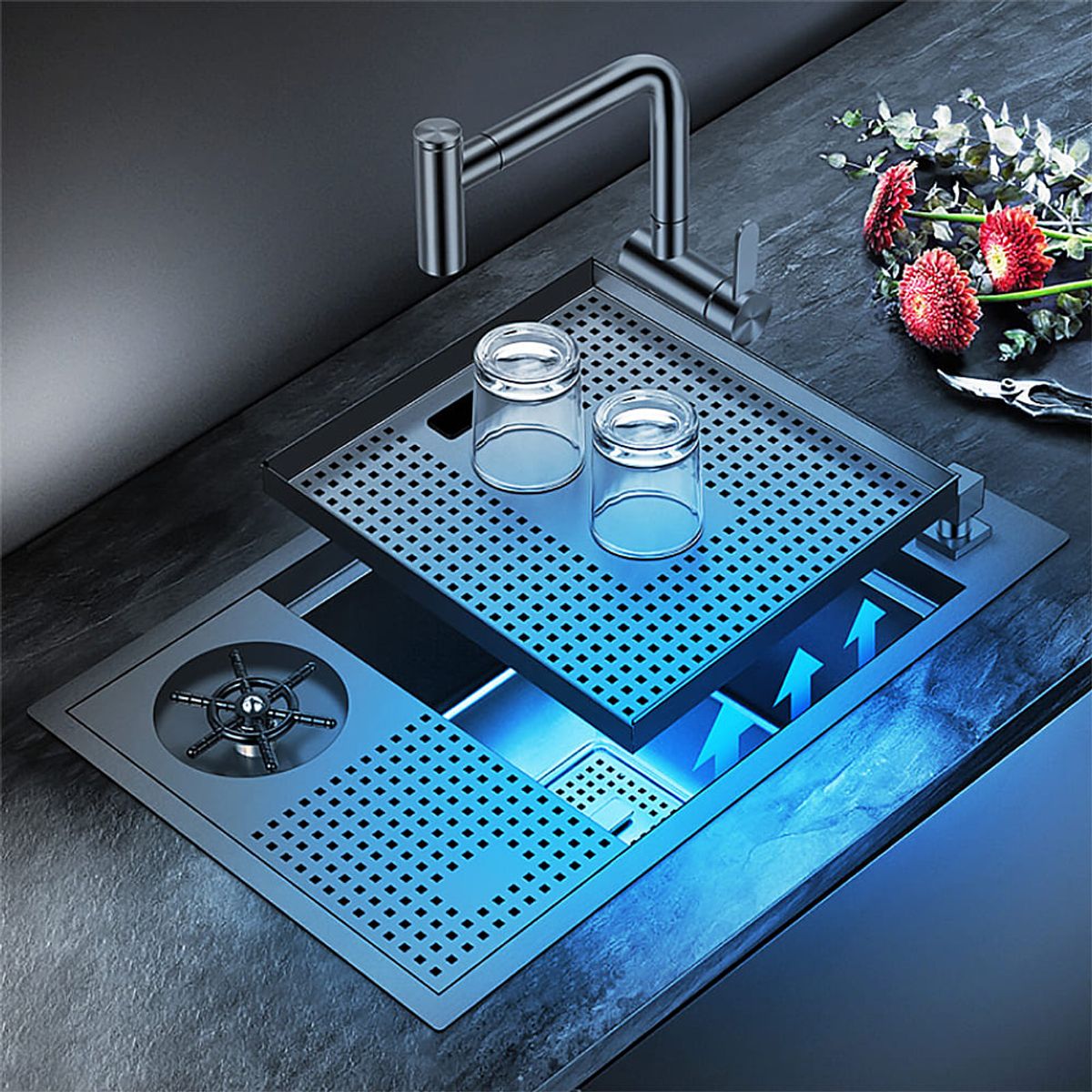 HIGRILL - Lavadero Multifuncional De Lujo Negro y Grifería para Zona de Parrilla-Bar con Tapa Multipropósito