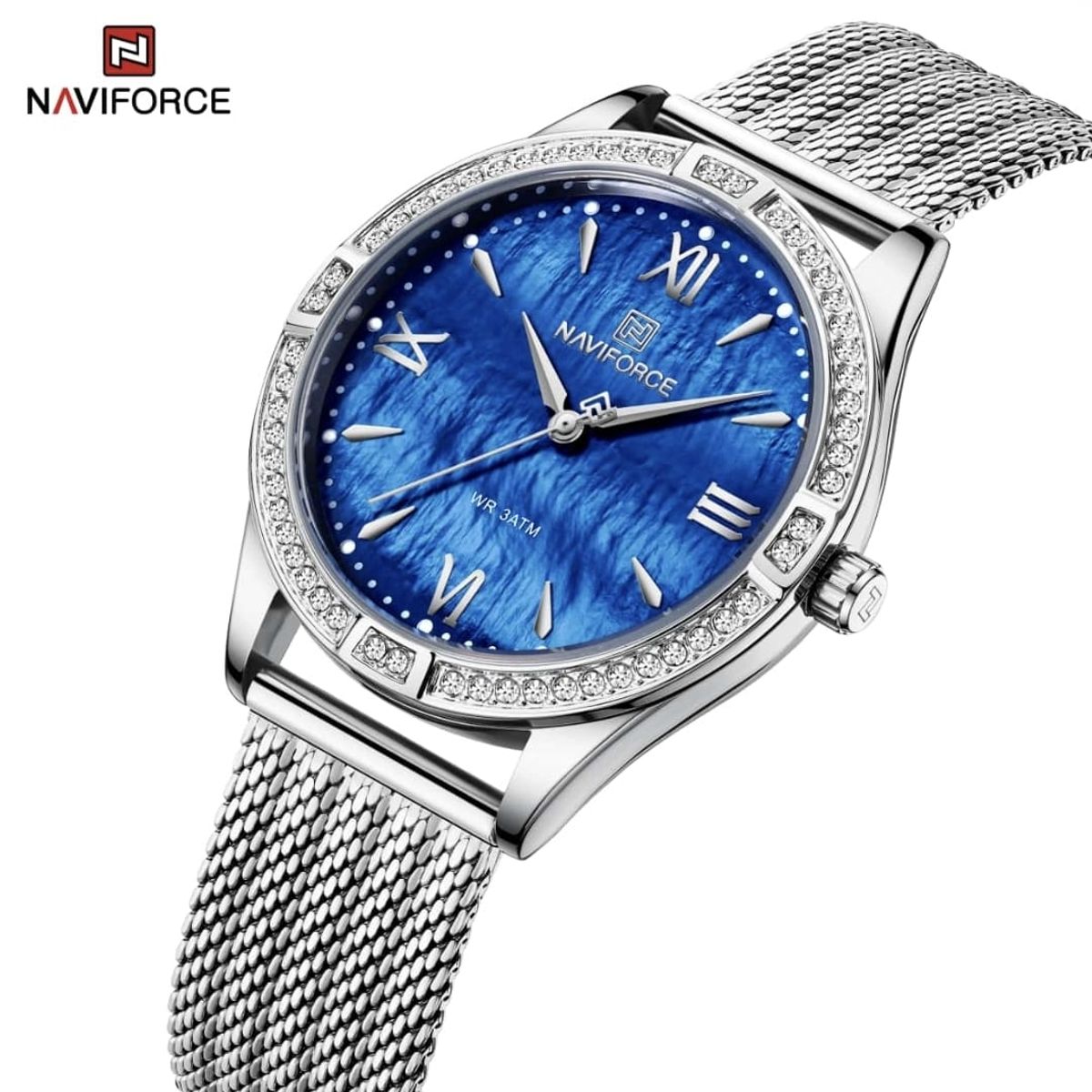 NAVIFORCE - Reloj Naviforce 5028 Correa Acero  Fondo Azul Para Dama