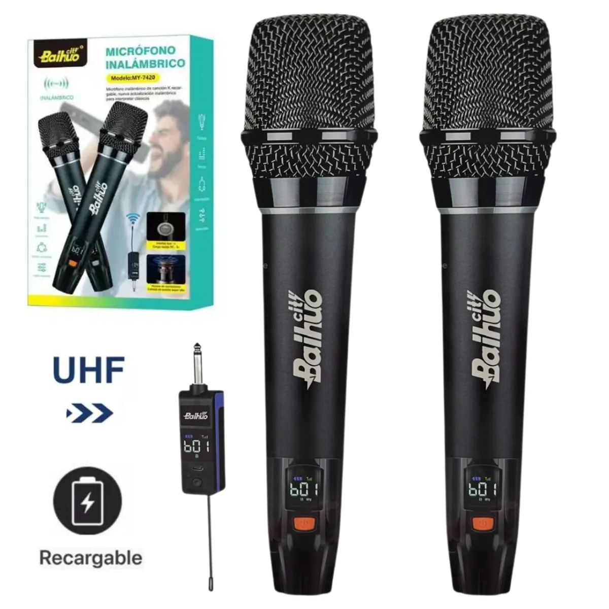 SEISA - Doble Microfono Inalambrico Recargable Negro Karaoke