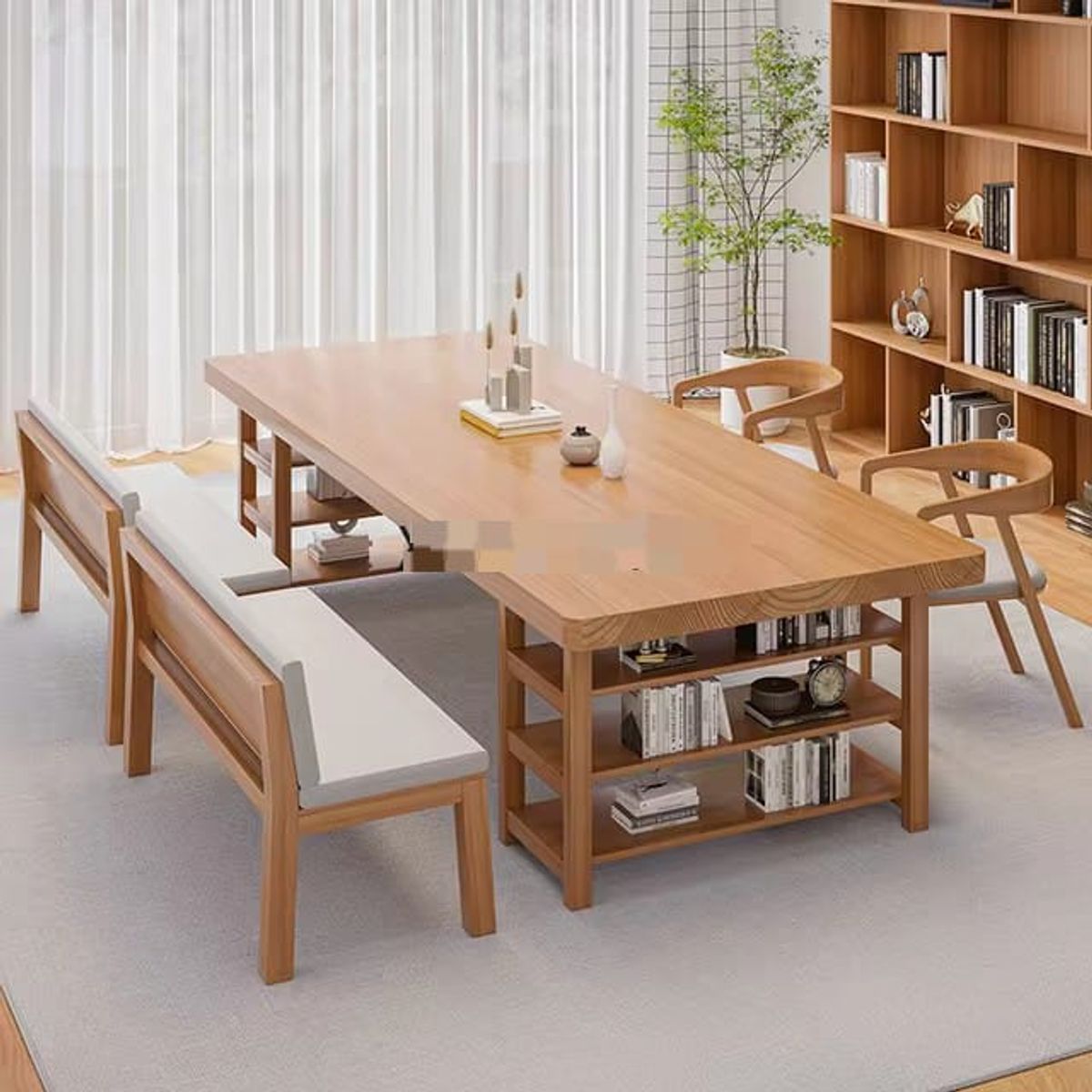 DMUEBLES - DM MESA DE 240 CM + 2 BANCAS + 2 SILLONES - NATURAL/GRIS CLARO