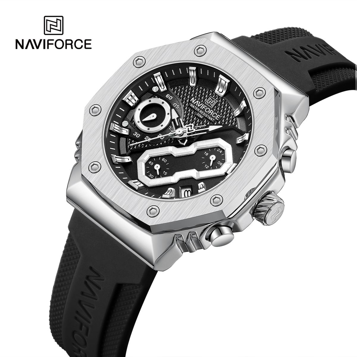 NAVIFORCE - Reloj Naviforce 8035 Bordes Plateados Correa Negra