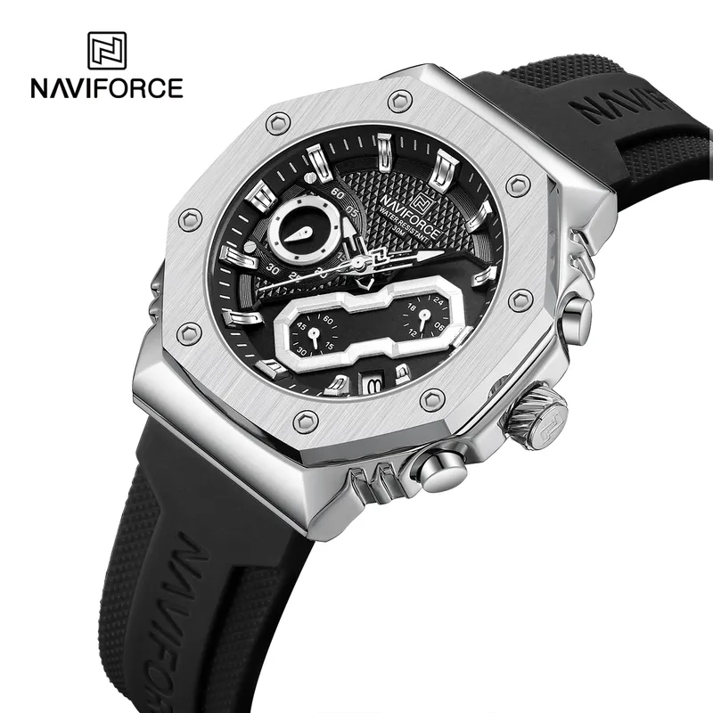 NAVIFORCE - Reloj Naviforce 8035 Bordes Plateados Correa Negra