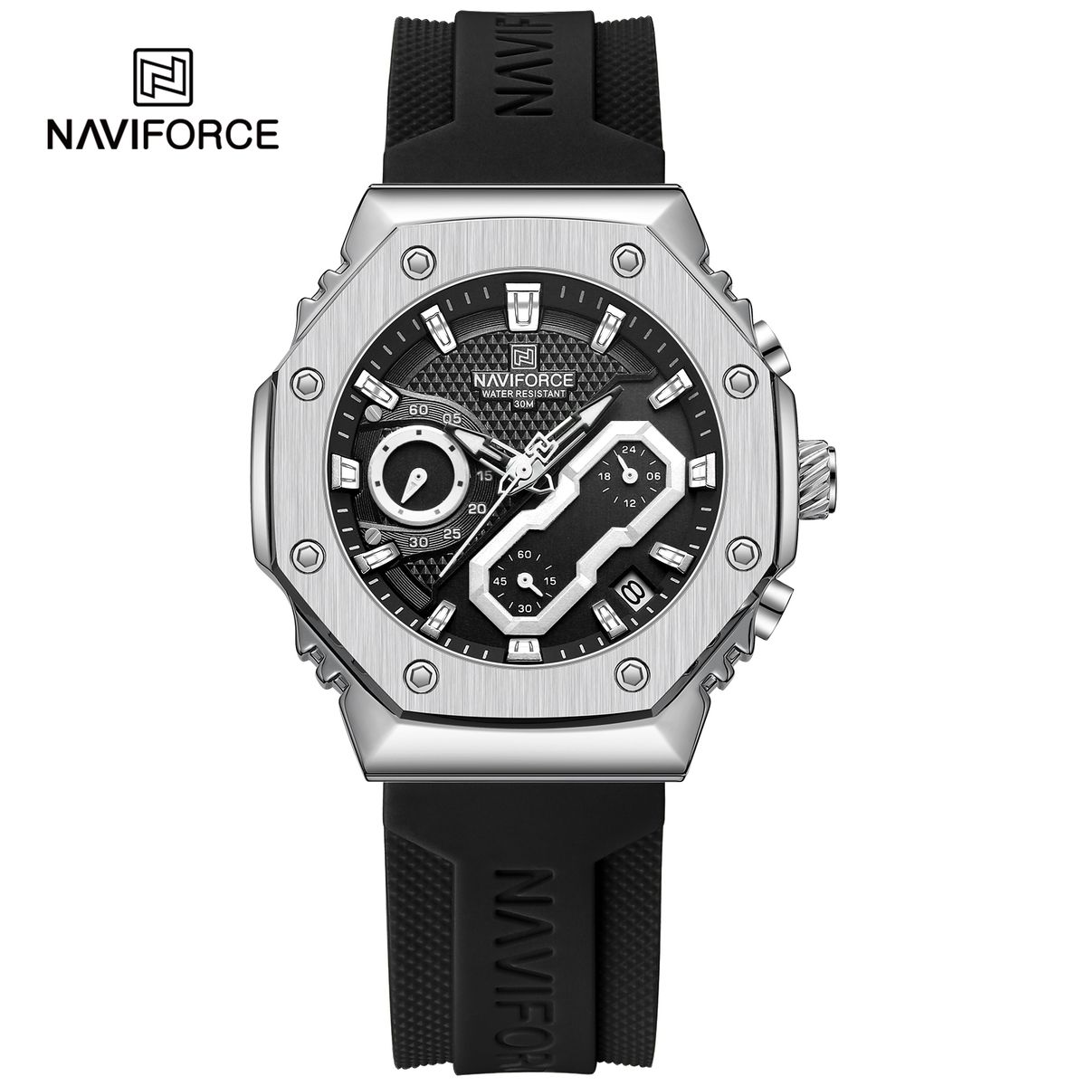 NAVIFORCE - Reloj Naviforce 8035 Bordes Plateados Correa Negra