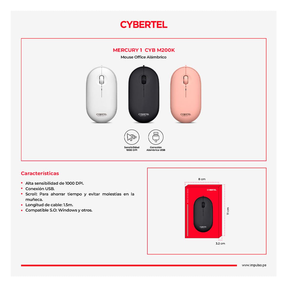 CYBERTEL - MERCURY 1 BLACK CYB M200K MOUSE USB CYBERTEL