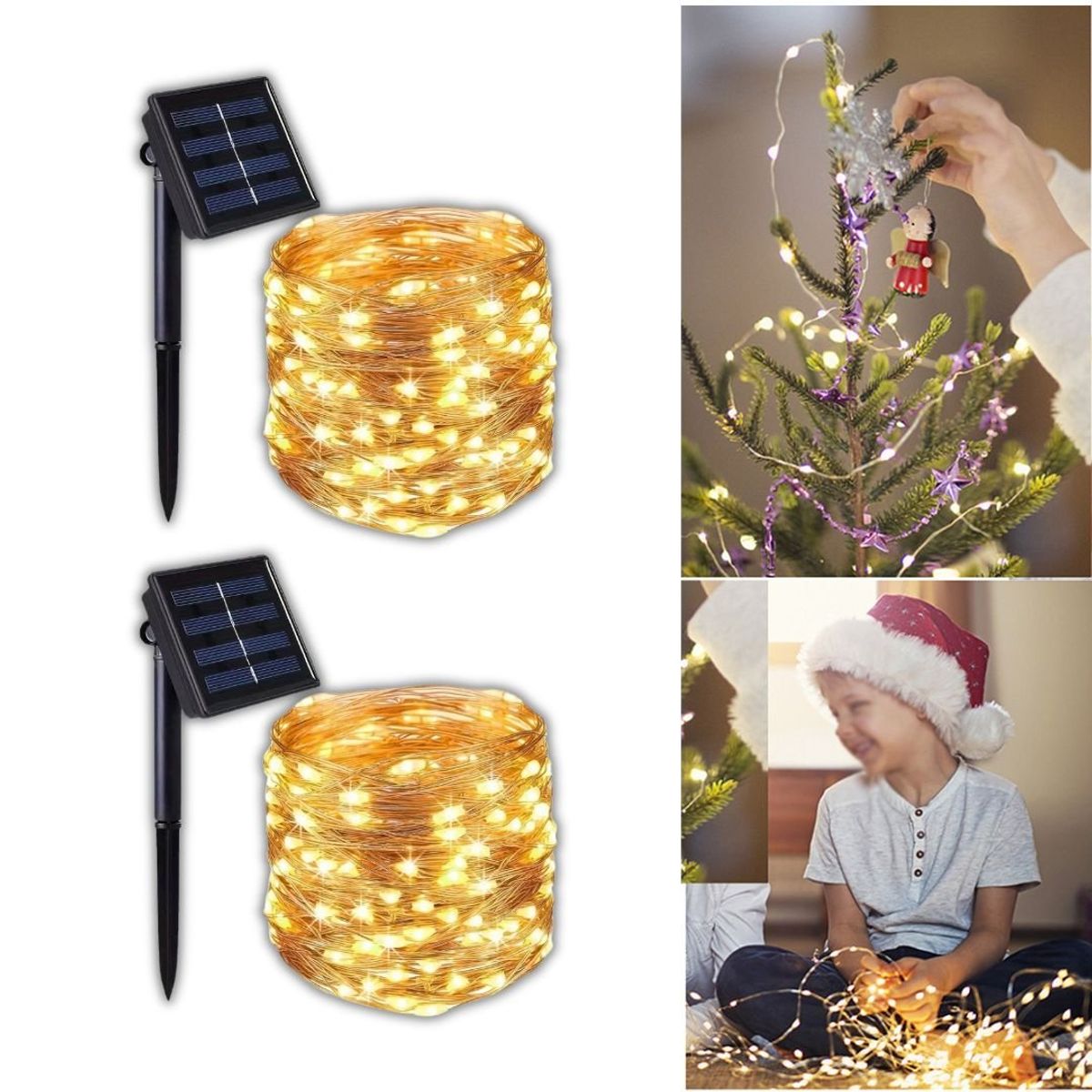 GENERICO - Luces Navideñas con Panel Solar Ambar 30mts x2Unids