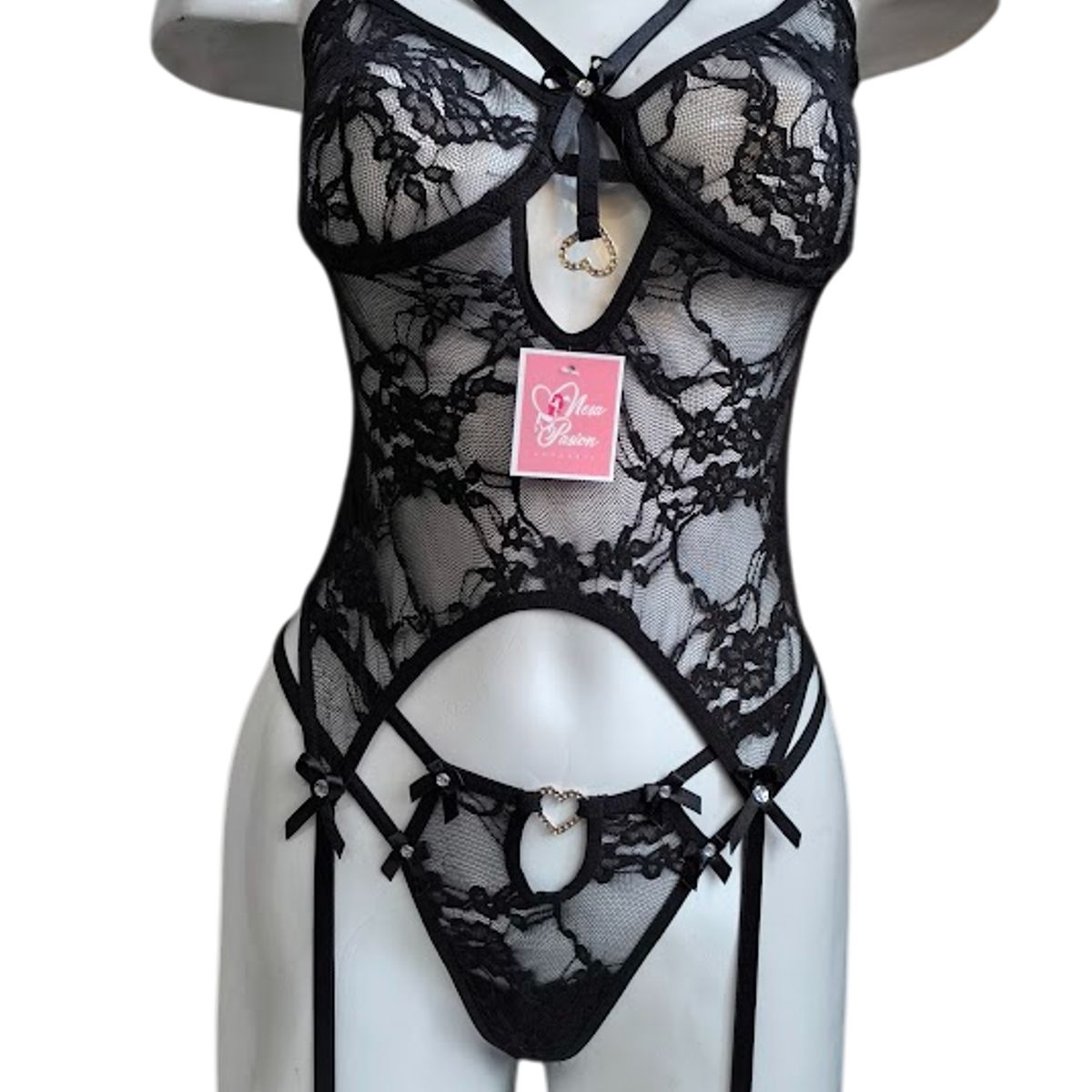 GENERICO - CORSET LENCERIA DE ENCAJE SEXY PORTALIGAS CON LIGUEROS