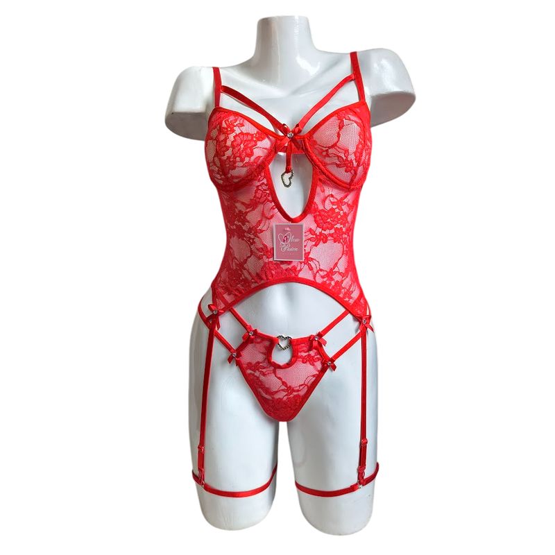 GENERICO - CORSET LENCERIA SEXY PORTALIGAS ROJO CON LIGUEROS