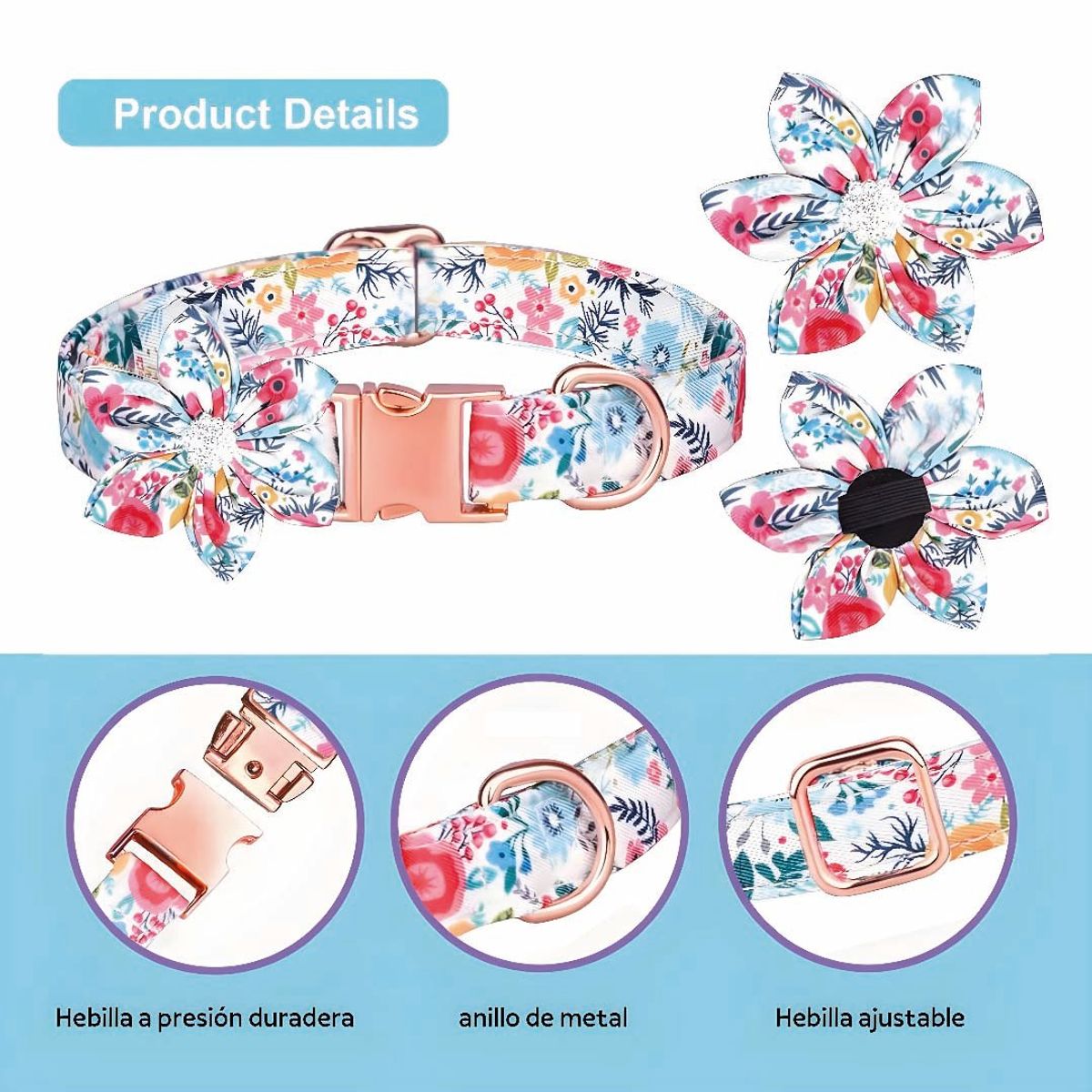 S&T - Collar Floral Para Mascotas Celeste Blanco - Talla S