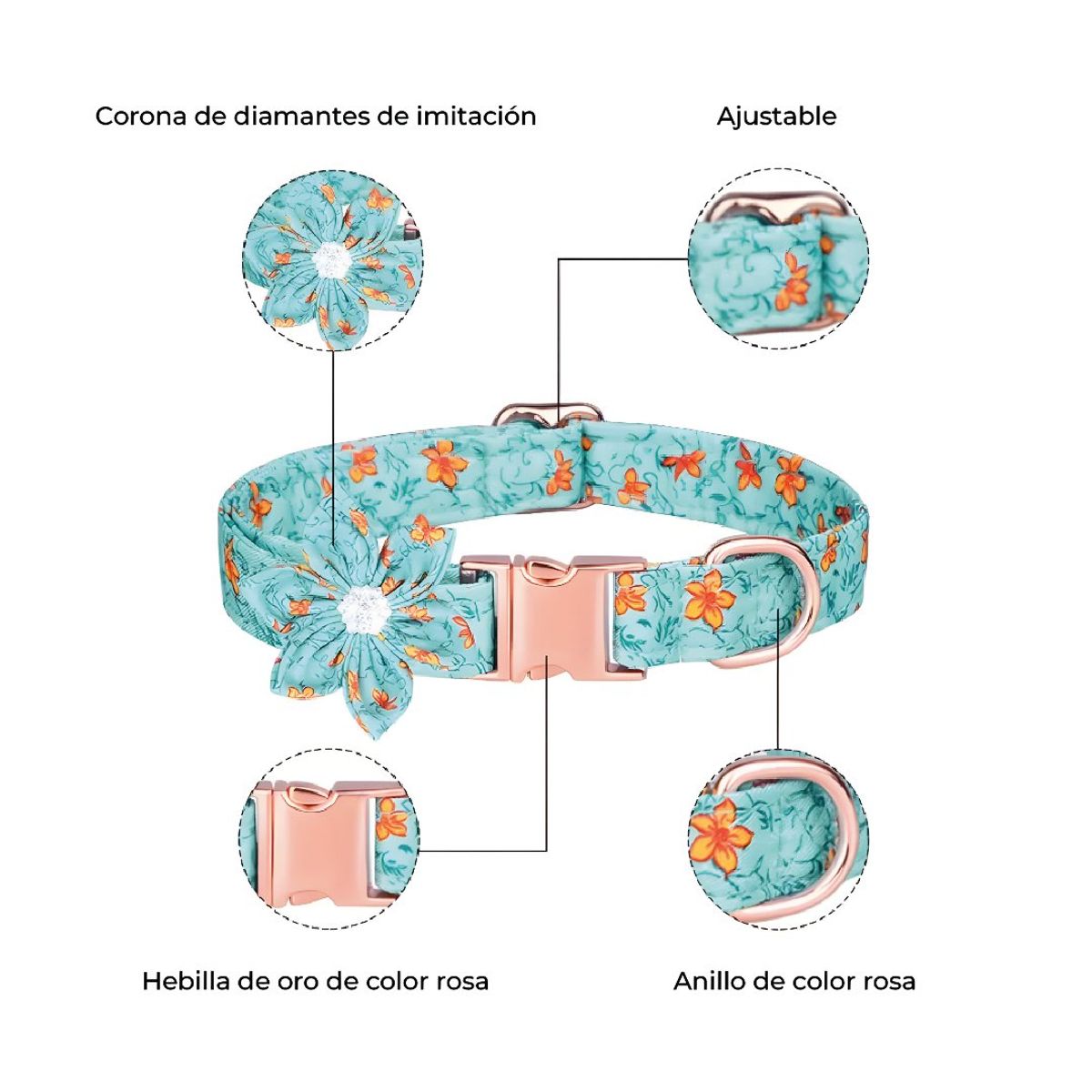 S&T - Collar Floral Para Mascotas Turquesa - Talla L
