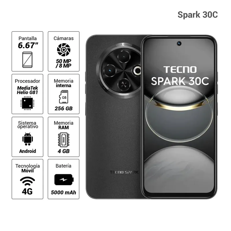 TECNO MOBILE - Celular Tecno Spark 30C 256GB ROM + 4GB RAM - Negro