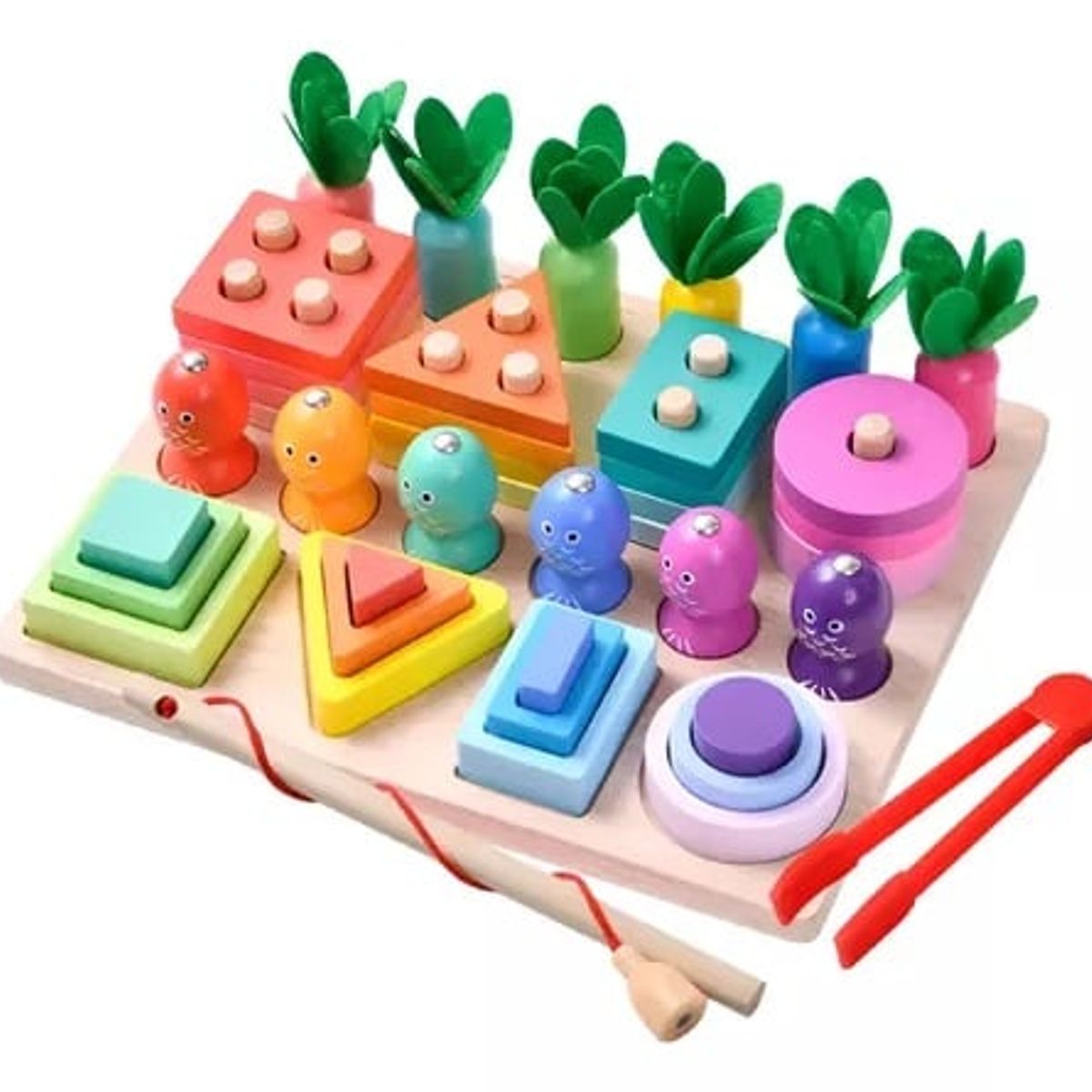 GENERICO - Didáctico Montessori 4 en 1 de Encaje Apilamiento y Pesca