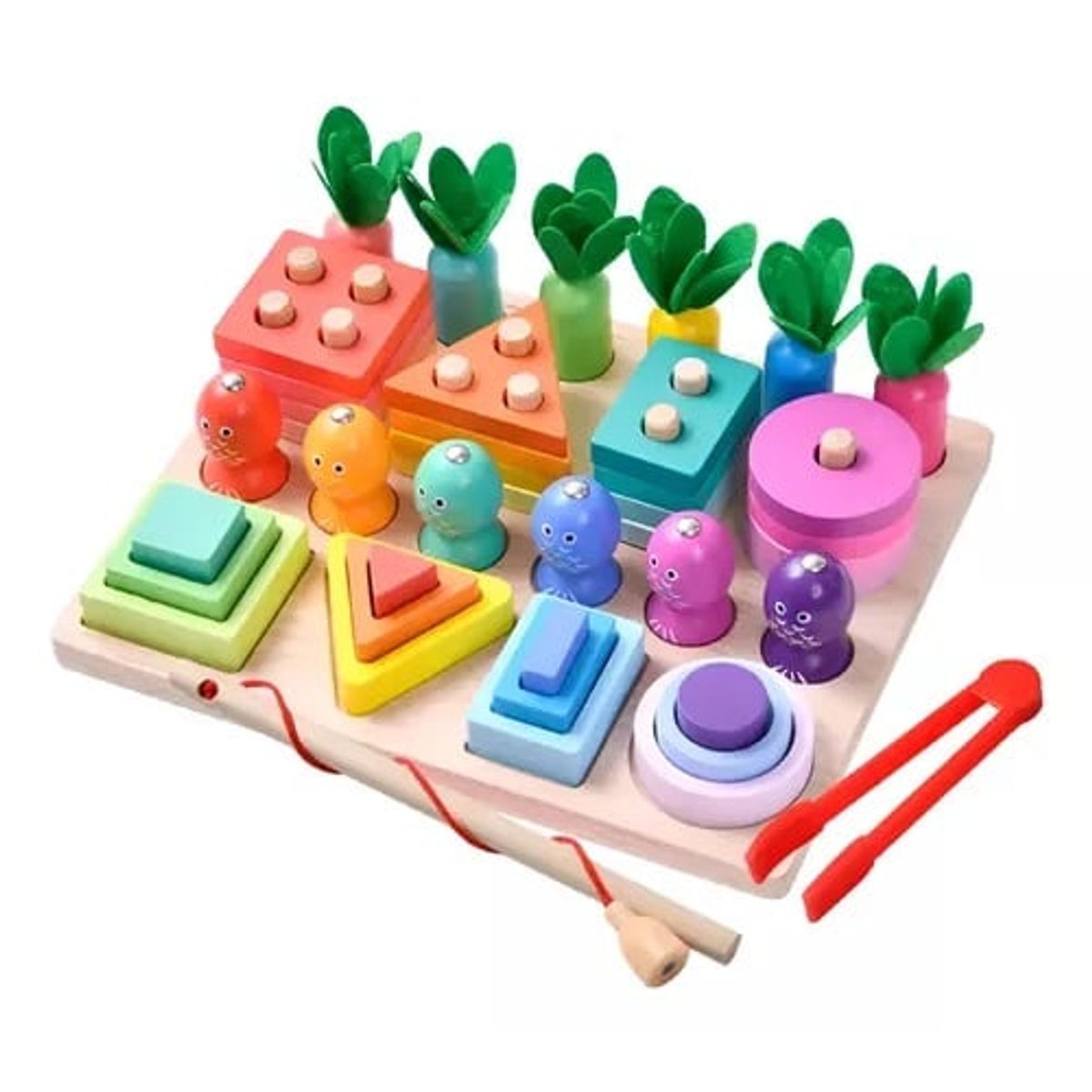 GENERICO - Didáctico Montessori 4 en 1 de Encaje Apilamiento y Pesca