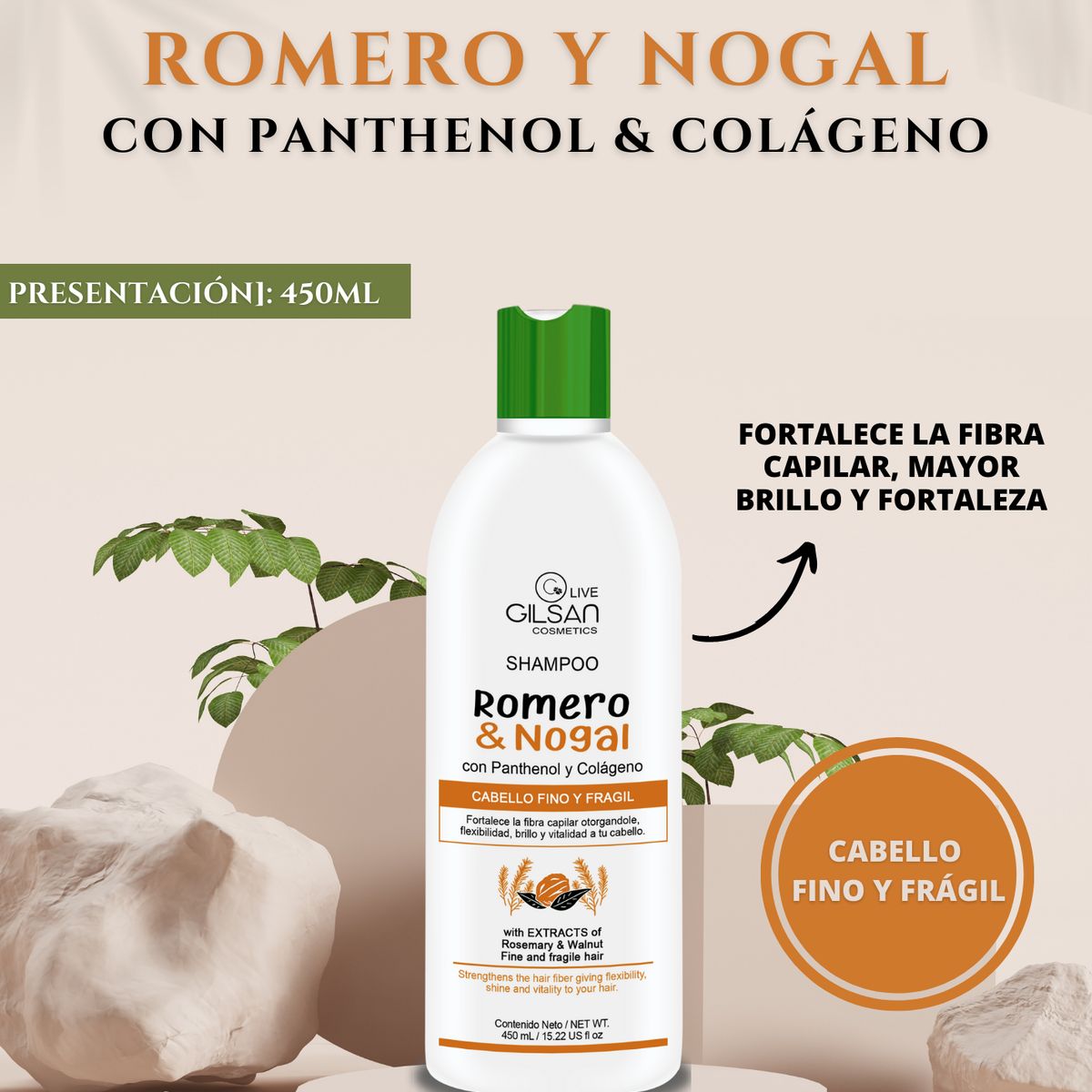 GENERICO - SHAMPOO ROMERO Y NOGALCON PANTHENOLFOR 450ML x 2 BOTELLAS