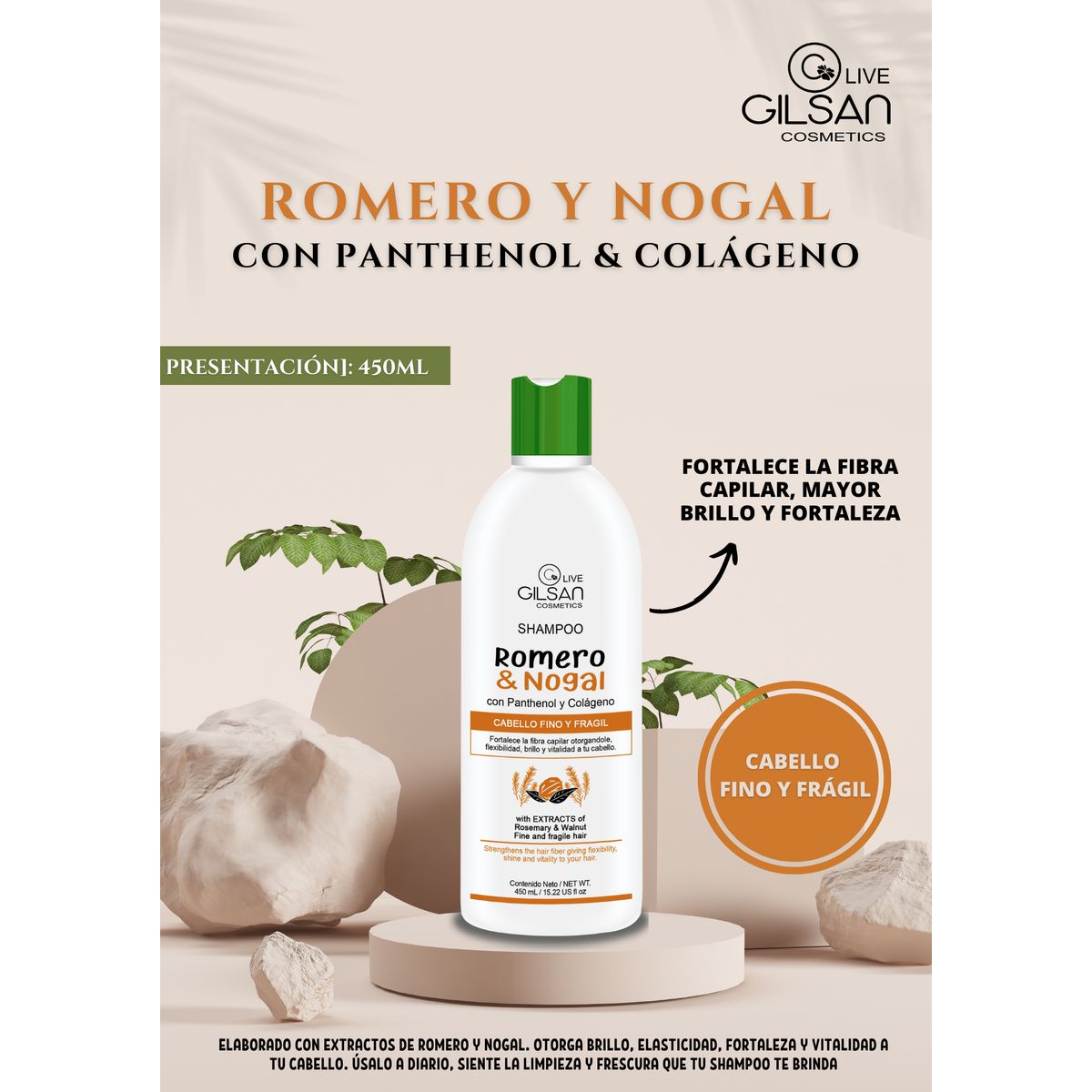GENERICO - SHAMPOO ROMERO Y NOGALCON PANTHENOLFOR 450ML x 2 BOTELLAS
