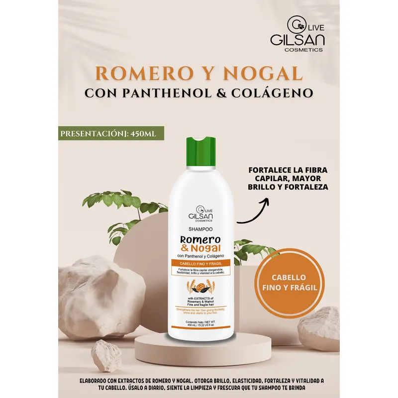 GENERICO - SHAMPOO ROMERO Y NOGALCON PANTHENOLFOR 450ML x 2 BOTELLAS