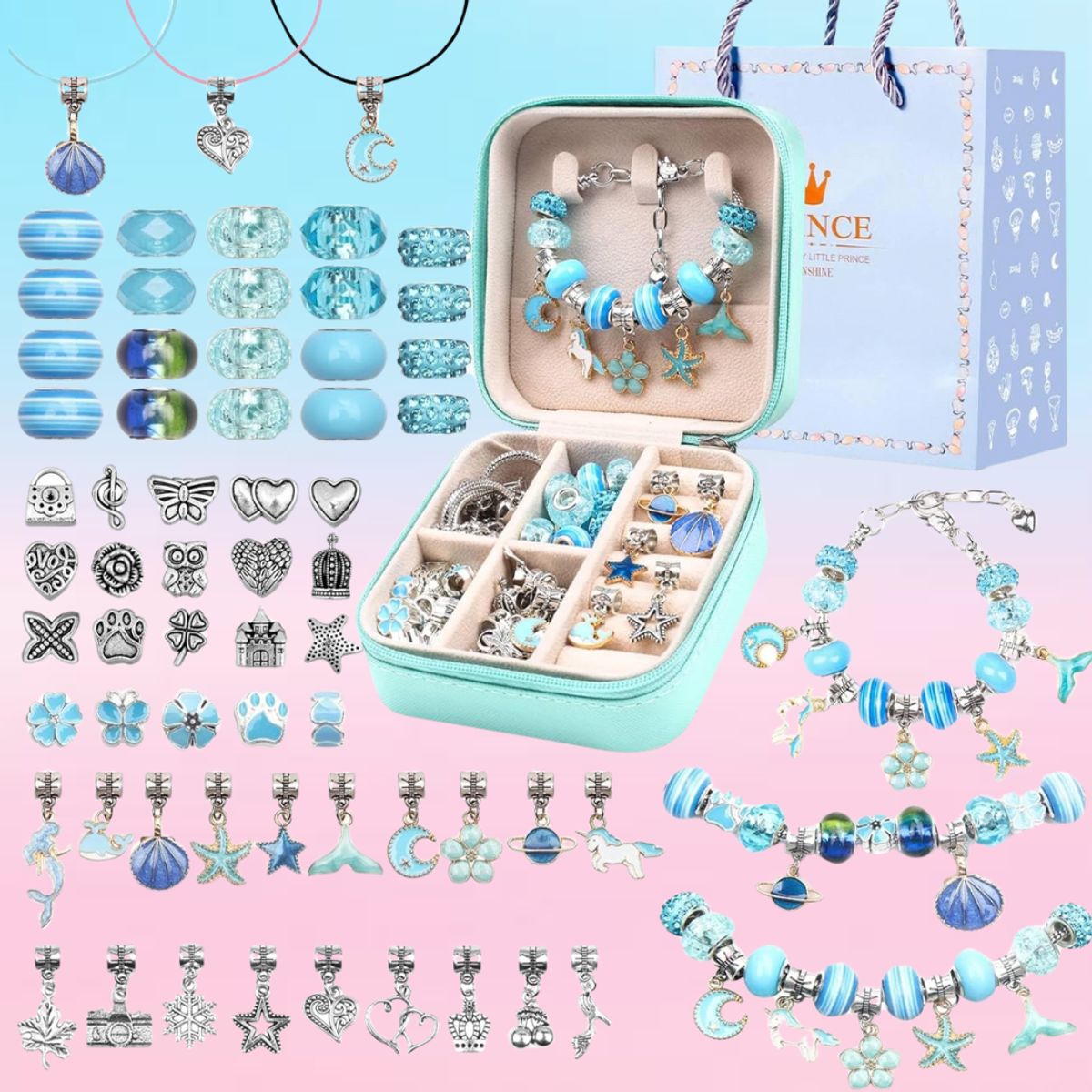 GENERICO - SET PARA ARMAR PULSERAS Y COLLARES DE 66 PIEZAS - CELESTE