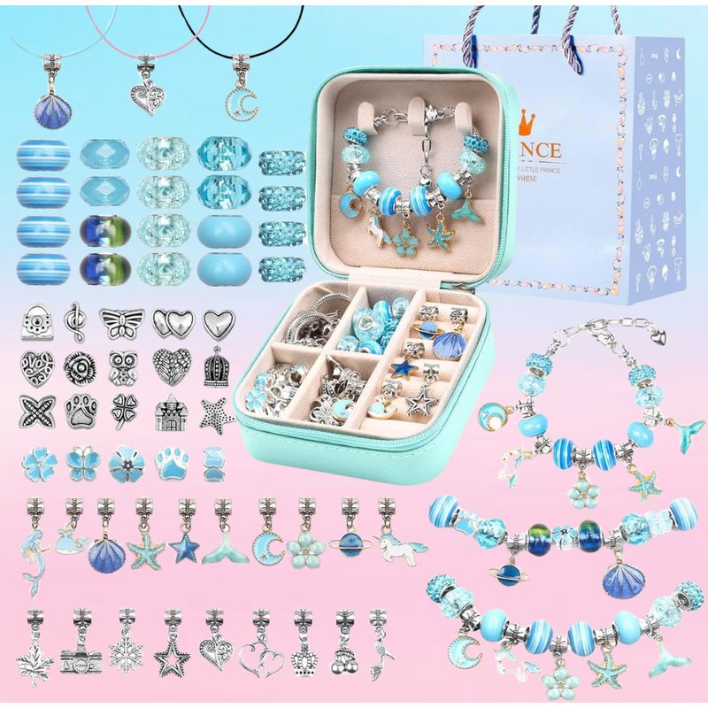 GENERICO - SET PARA ARMAR PULSERAS Y COLLARES DE 66 PIEZAS - CELESTE