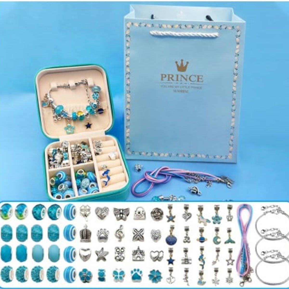 GENERICO - SET PARA ARMAR PULSERAS Y COLLARES DE 66 PIEZAS - CELESTE