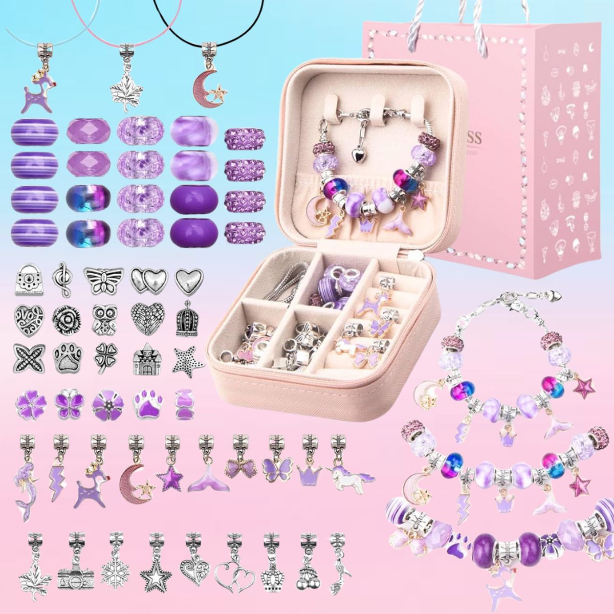 GENERICO - SET PARA ARMAR PULSERAS Y COLLARES DE 66 PIEZAS - MORADO