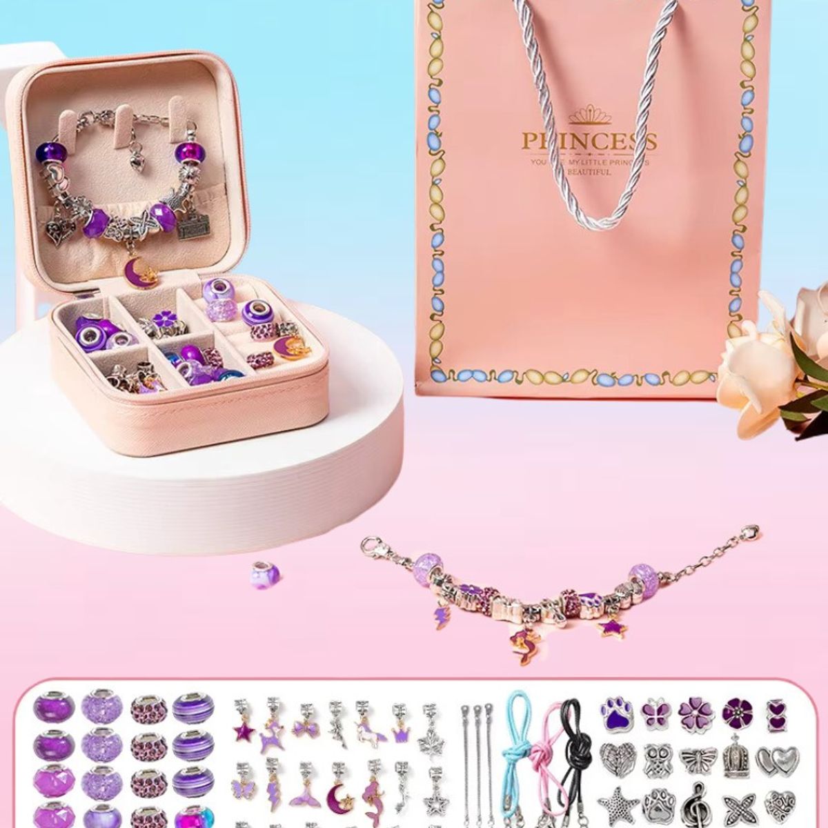 GENERICO - SET PARA ARMAR PULSERAS Y COLLARES DE 66 PIEZAS - MORADO