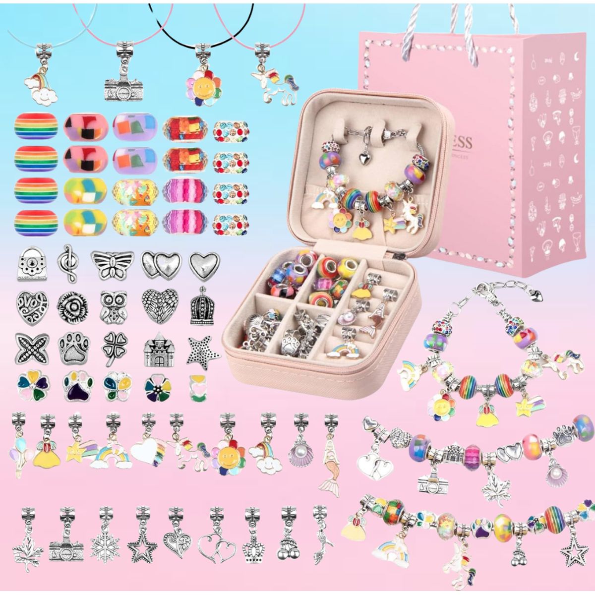 GENERICO - SET PARA ARMAR PULSERAS Y COLLARES DE 66 PIEZAS - ARCOIRIS