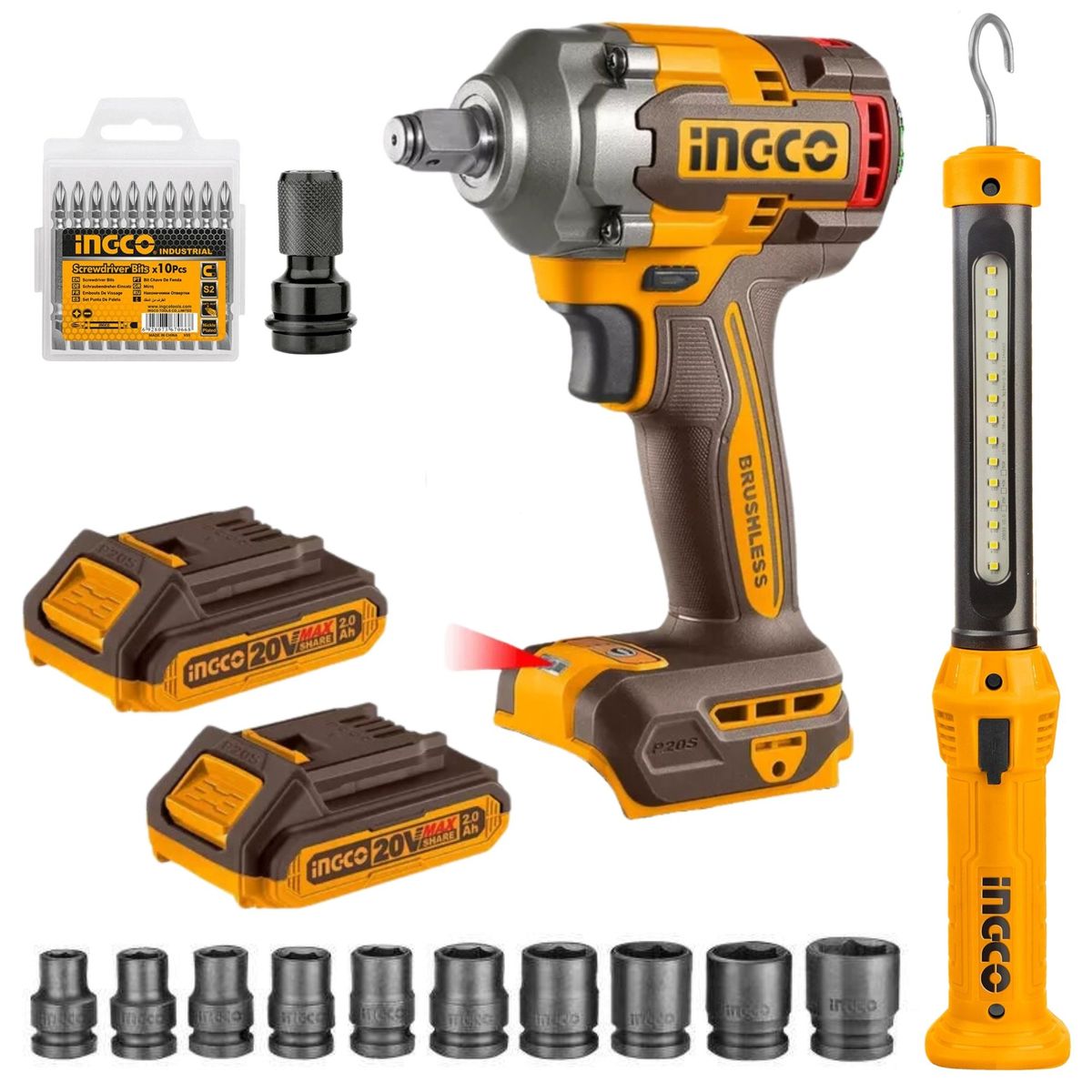 INGCO TOOLS - LLAVE DE IMPACTO INALAMBRICO 20V BRUSHLESS, LAMPARA MAGNETICA 10 DADOS