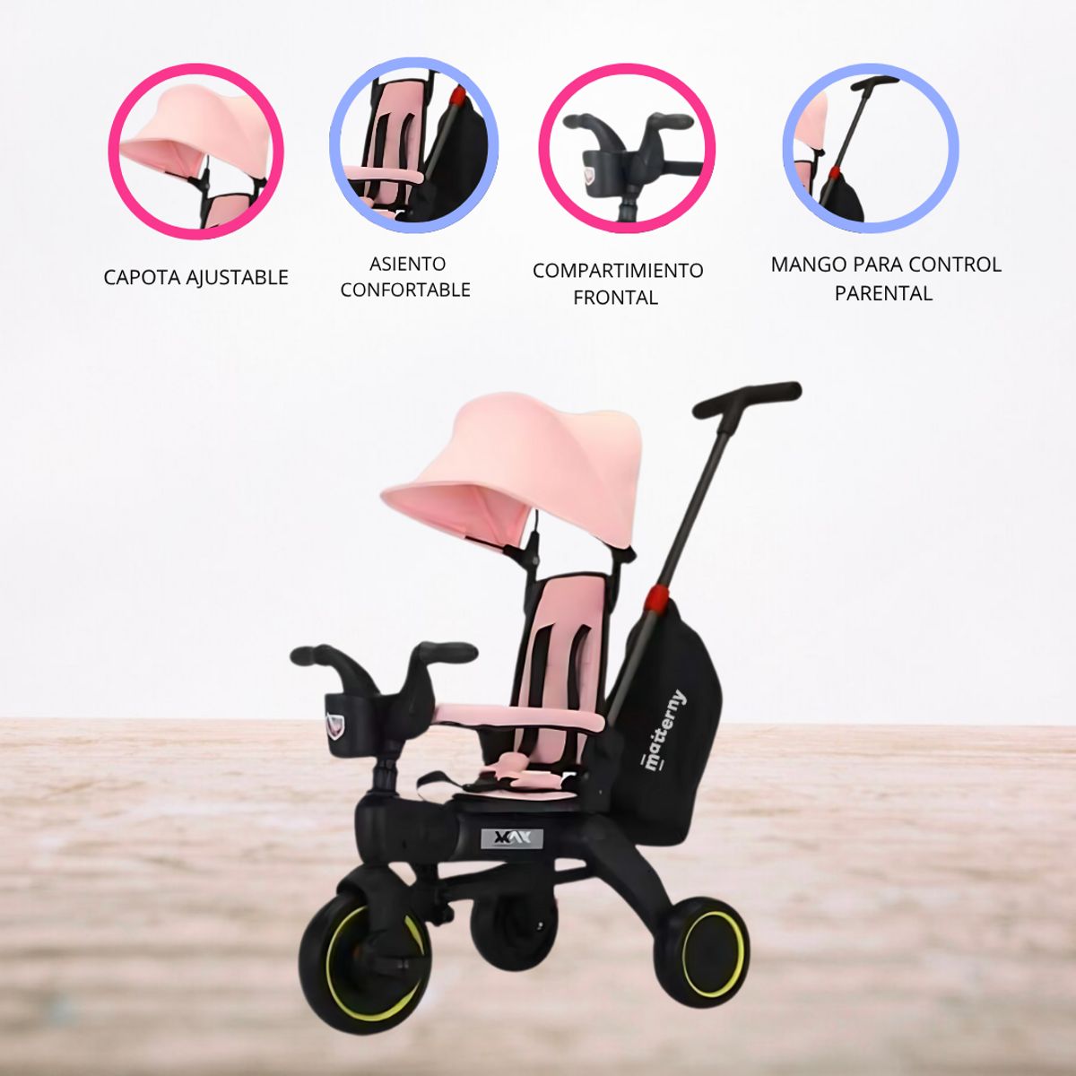 MAX - Triciclo Guiador Plegable para Niños «MAX» Pink