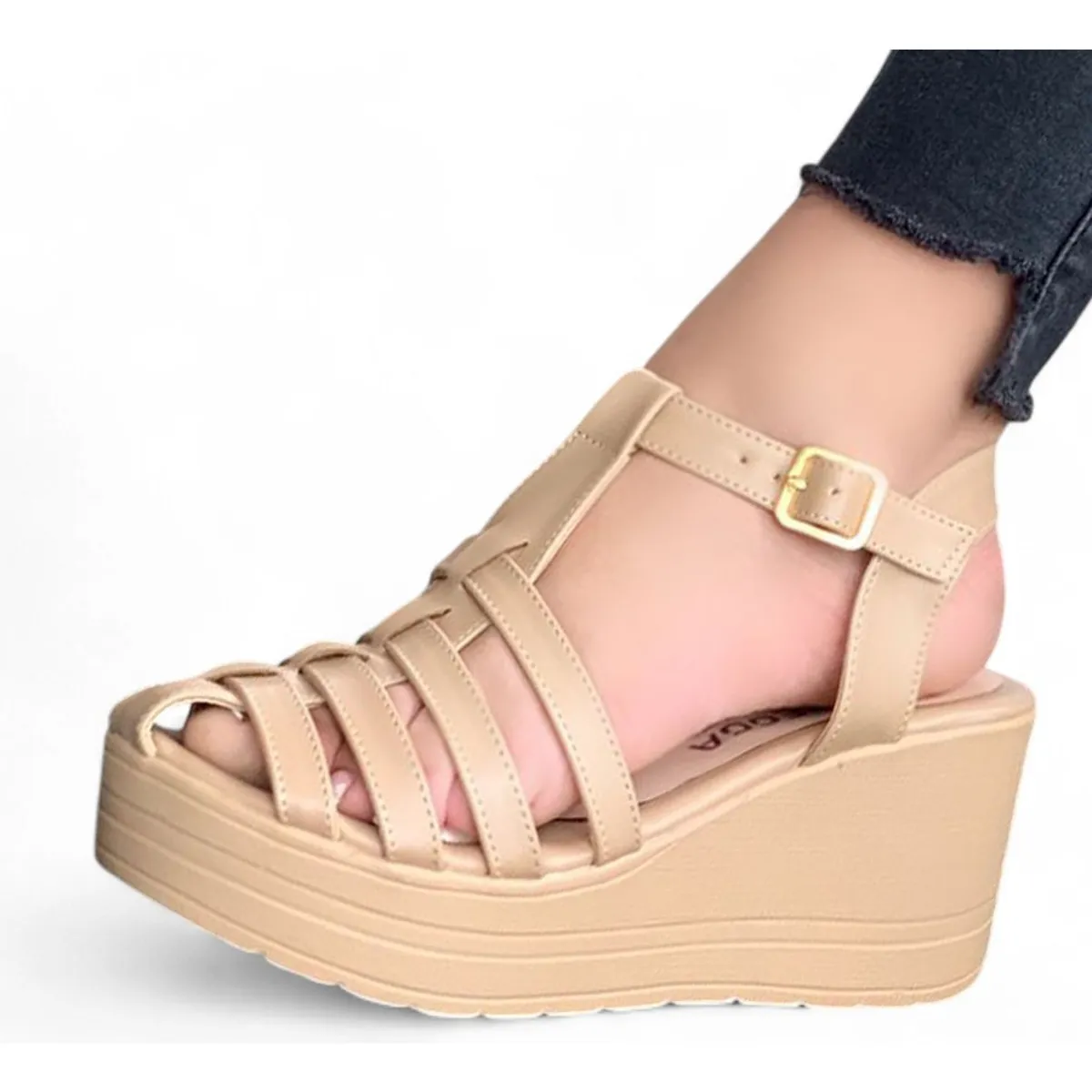 GENERICO - Sandalia Mujer Cuña 7 Cm Tiras 1431L-55 Color Beige